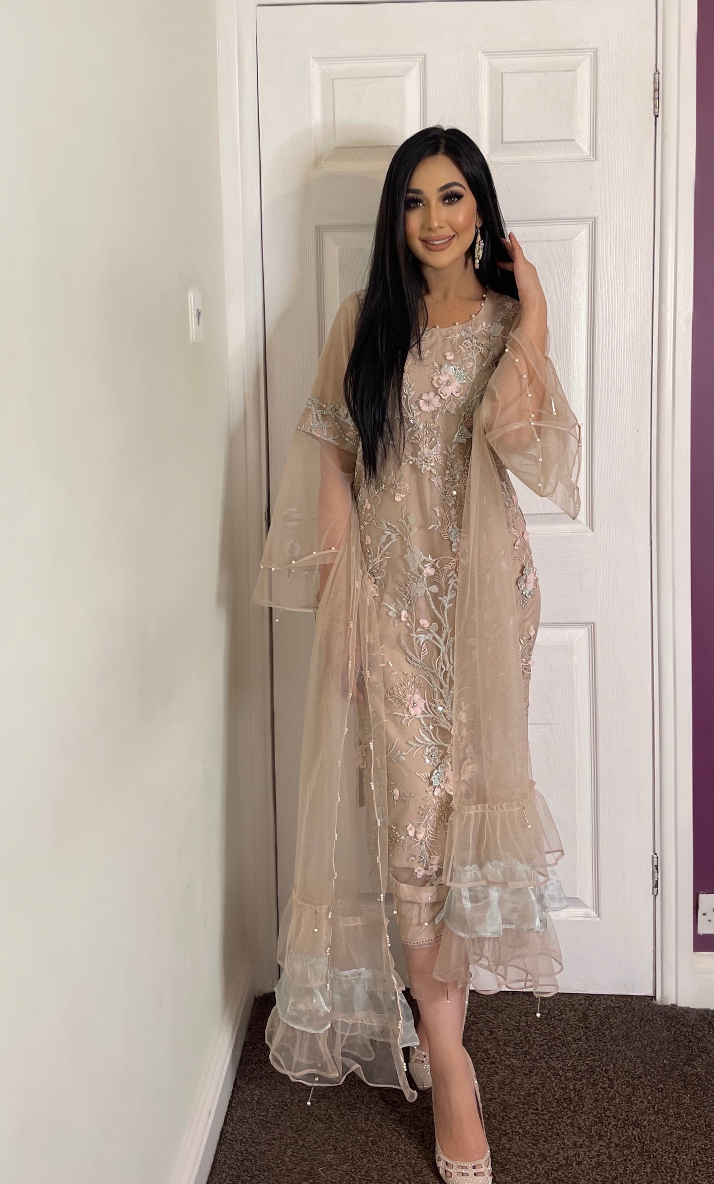 NOOR Powder Pink - 3 Piece Heavy Embroidered Net Suit with 3D Details (7655010468053)