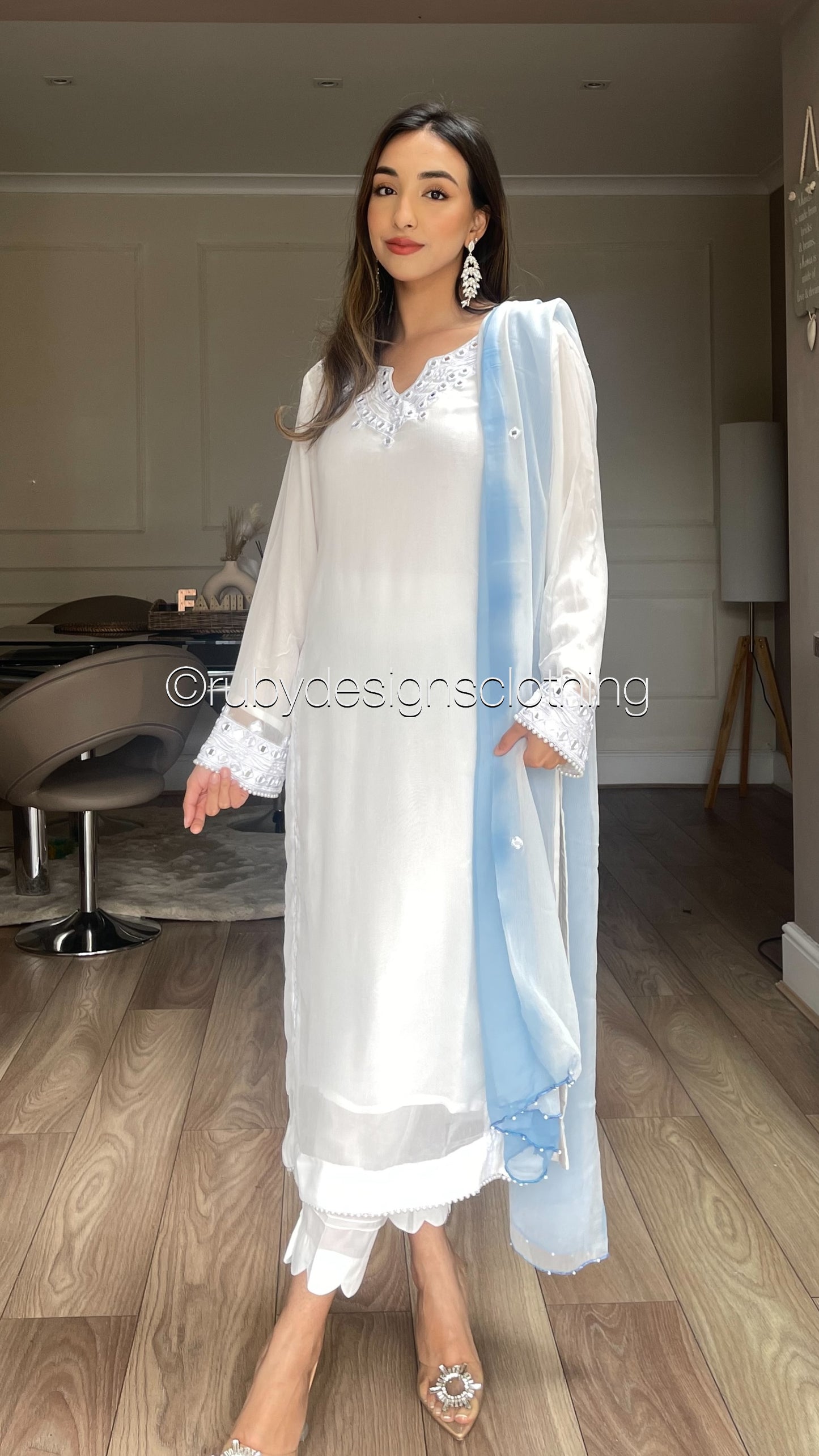 LIYANA - 3 Piece White Chiffon Suit with Two Tone Dupatta (8020992000213)