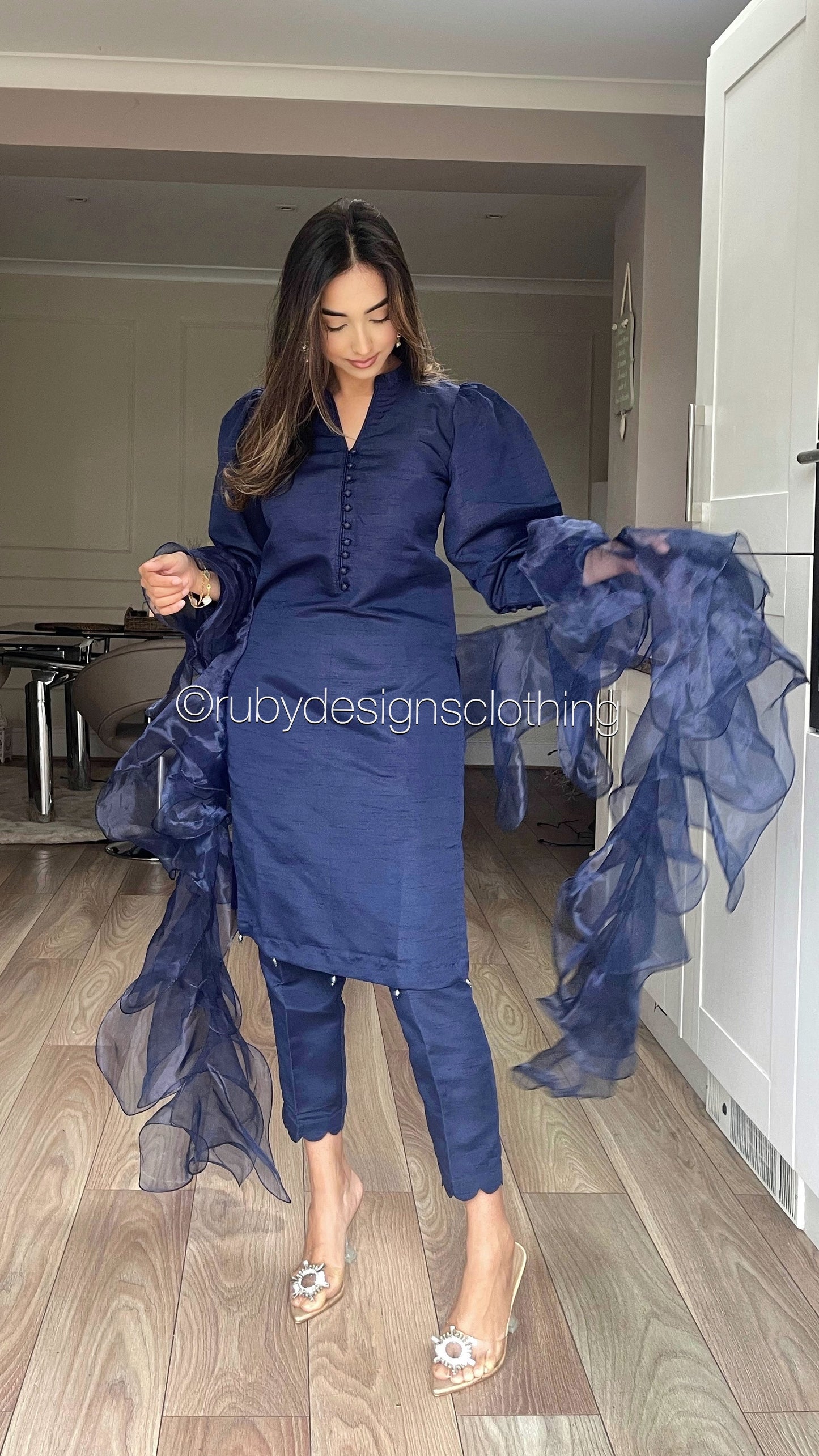 ZAARA Navy - 3 Piece Raw Silk Suit with Organza Ruffle Dupatta (7804046704853)