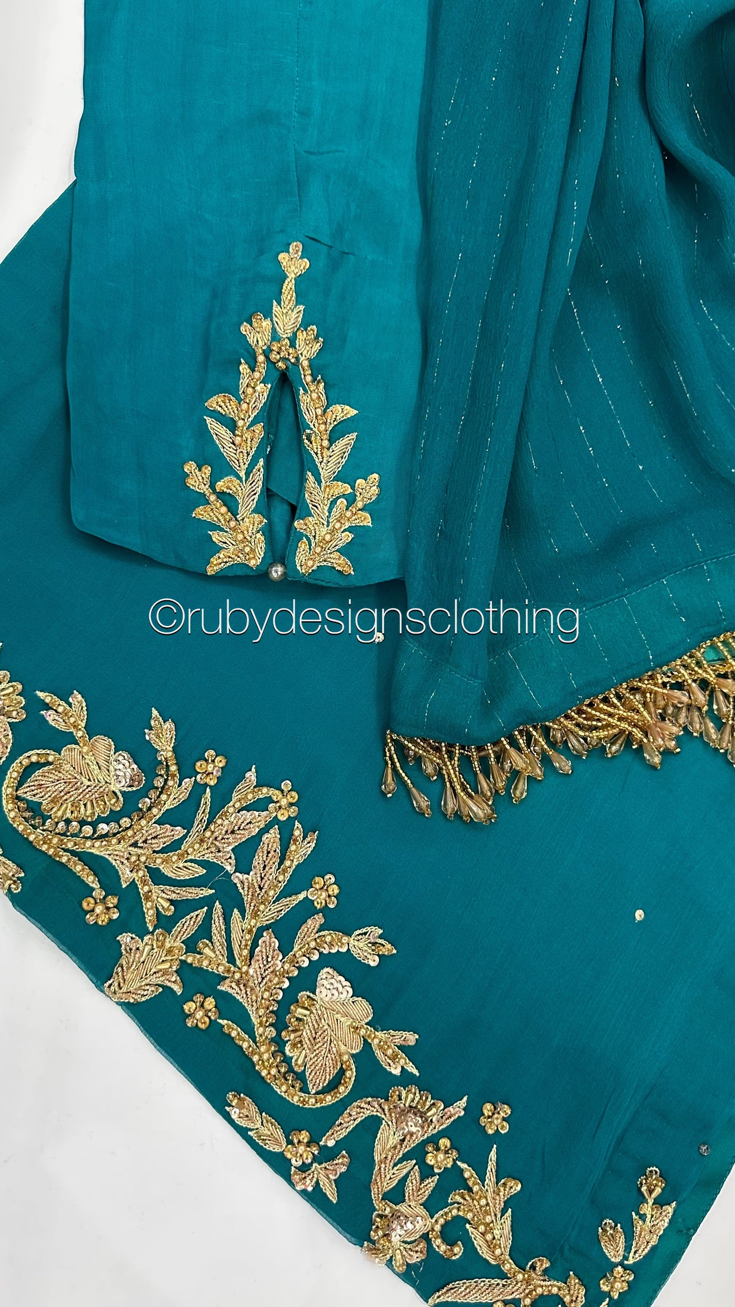 ANEEQA Teal - 4 Piece Chiffon Suit with Gold Handwork (8013104775381)