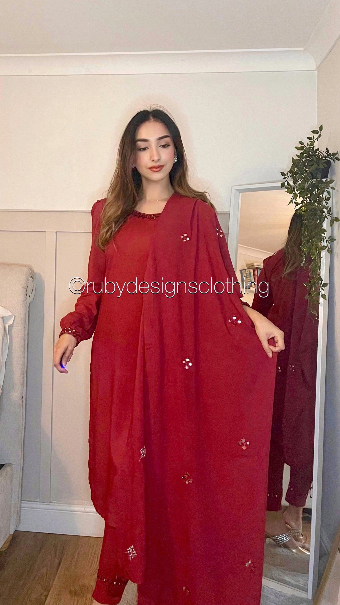 WARDA - 3 Piece Marina Deep Red Suit with Mirror Work and Shawl