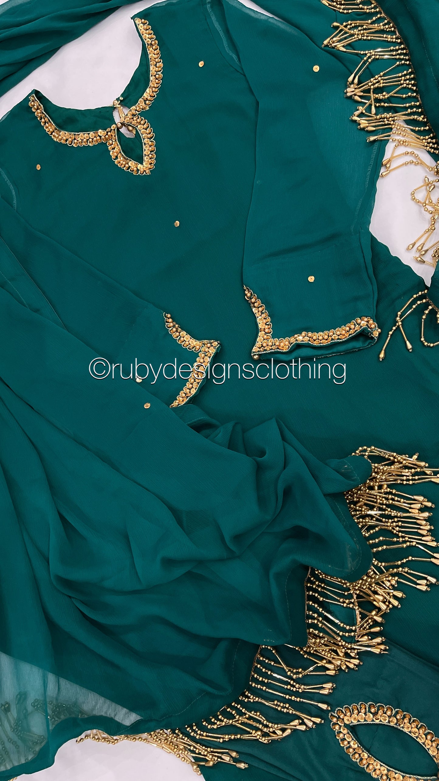 LIMITED EDITION HAYA Deep Sea Green - 3 Piece Chiffon Suit with Hand Embellished Neckline (7914318266581) (8748083511509)