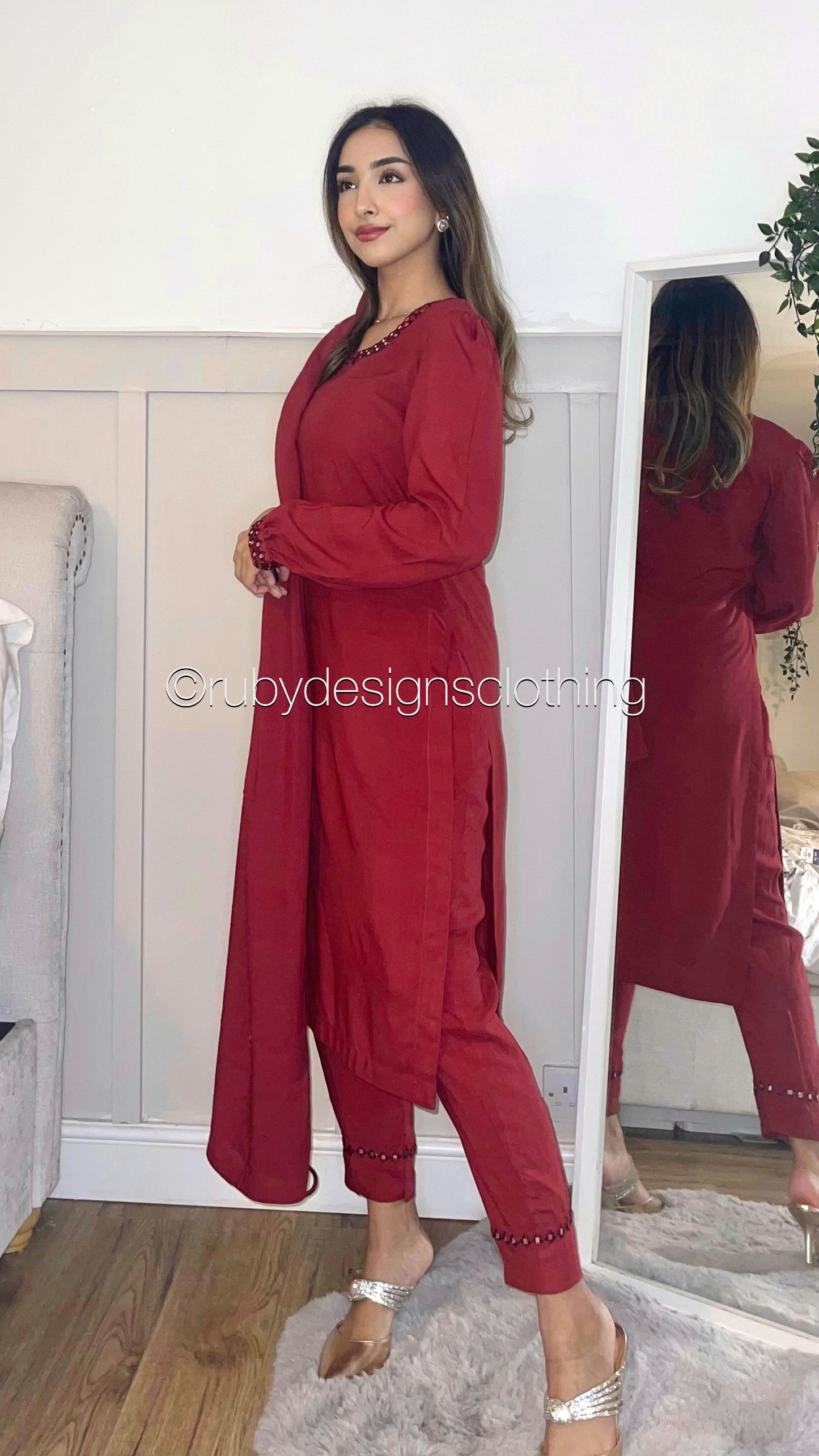 WARDA - 3 Piece Marina Deep Red Suit with Mirror Work and Shawl (7934798037205)