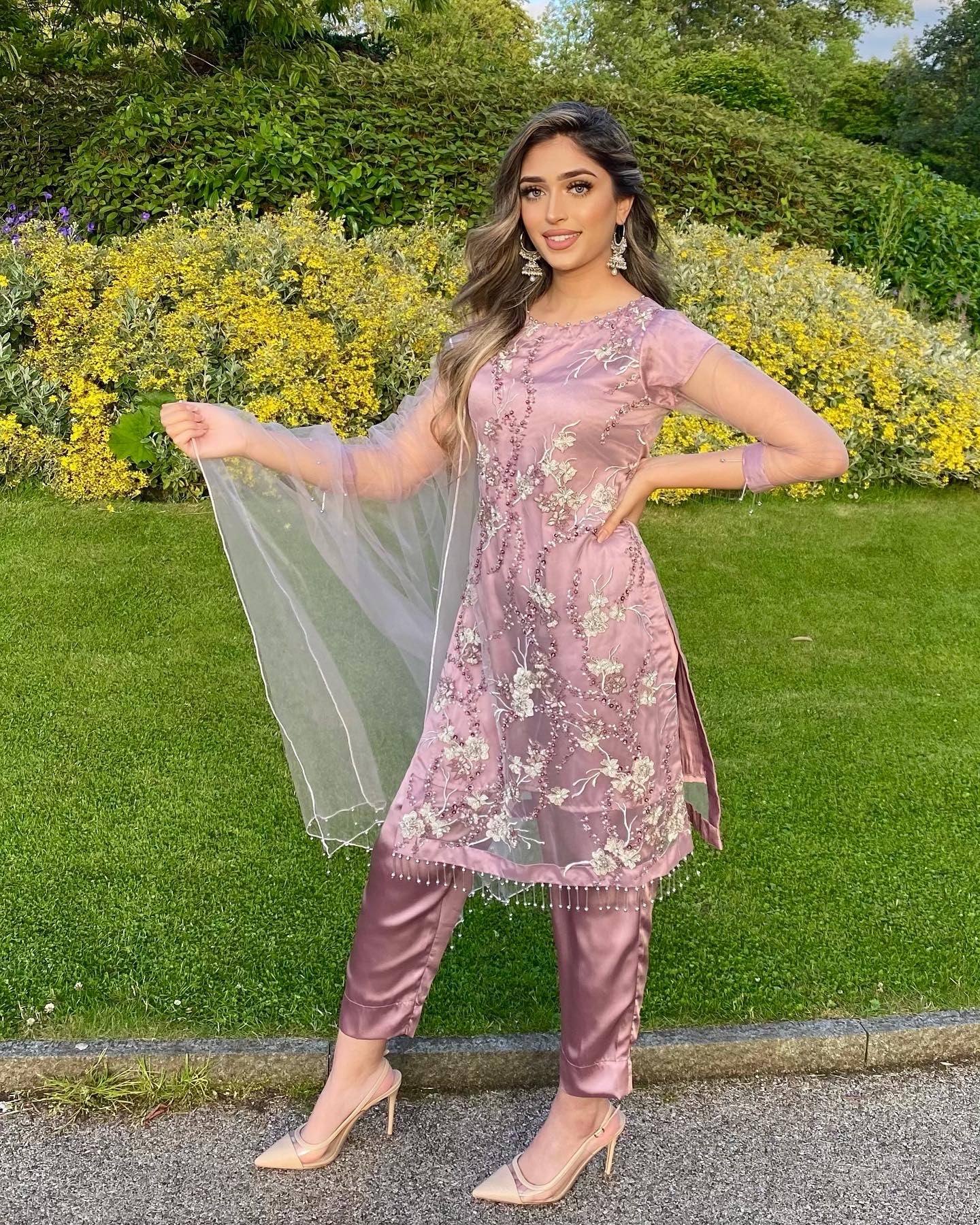 MAYAH - 3 Piece Heavy Embroidered Pink Net Suit with Tassels (6773489533112)