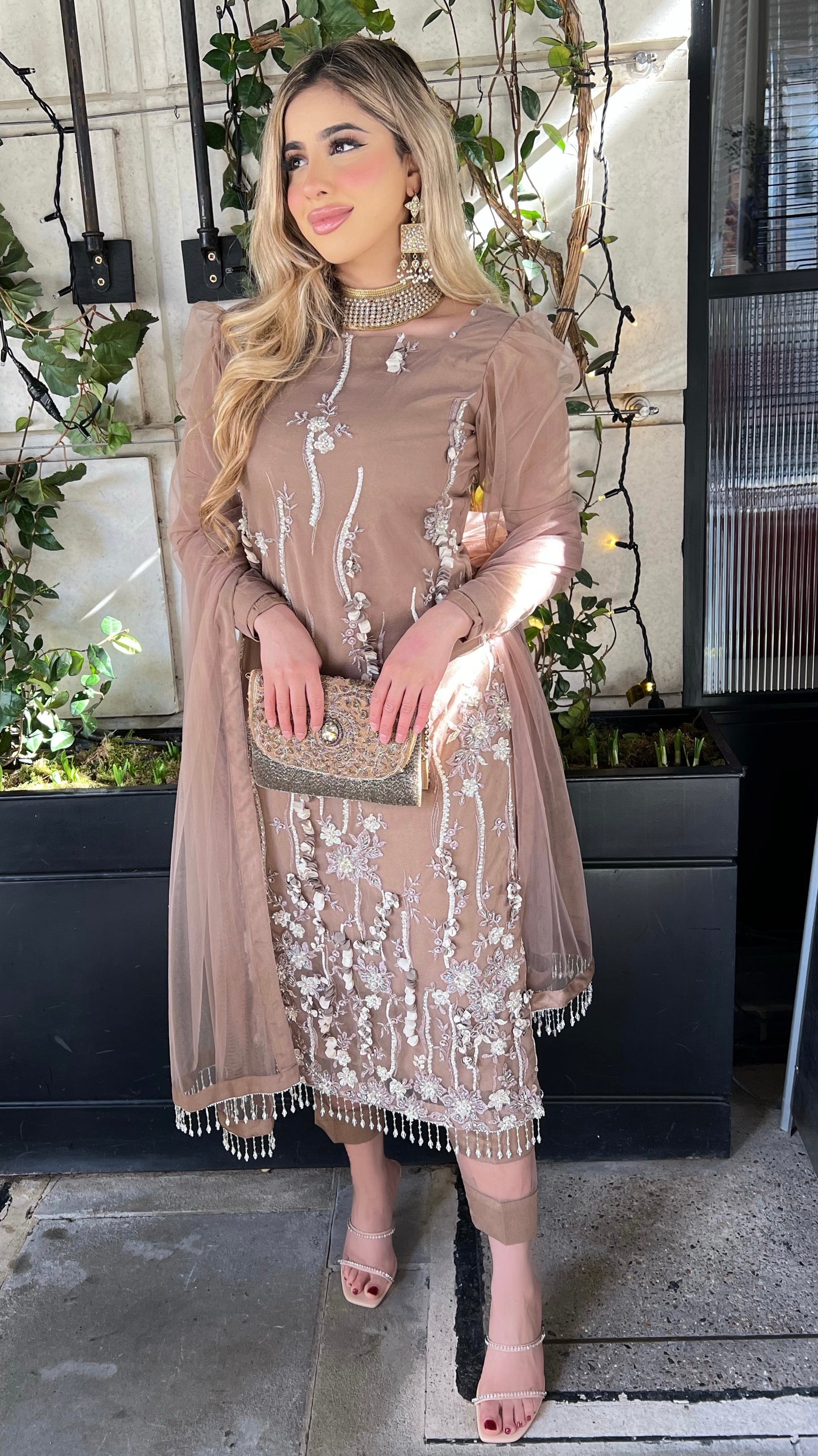 FATIMA Brown - 3 Piece Heavy Embroidered Net Suit with 3D Detail (7616470352085)