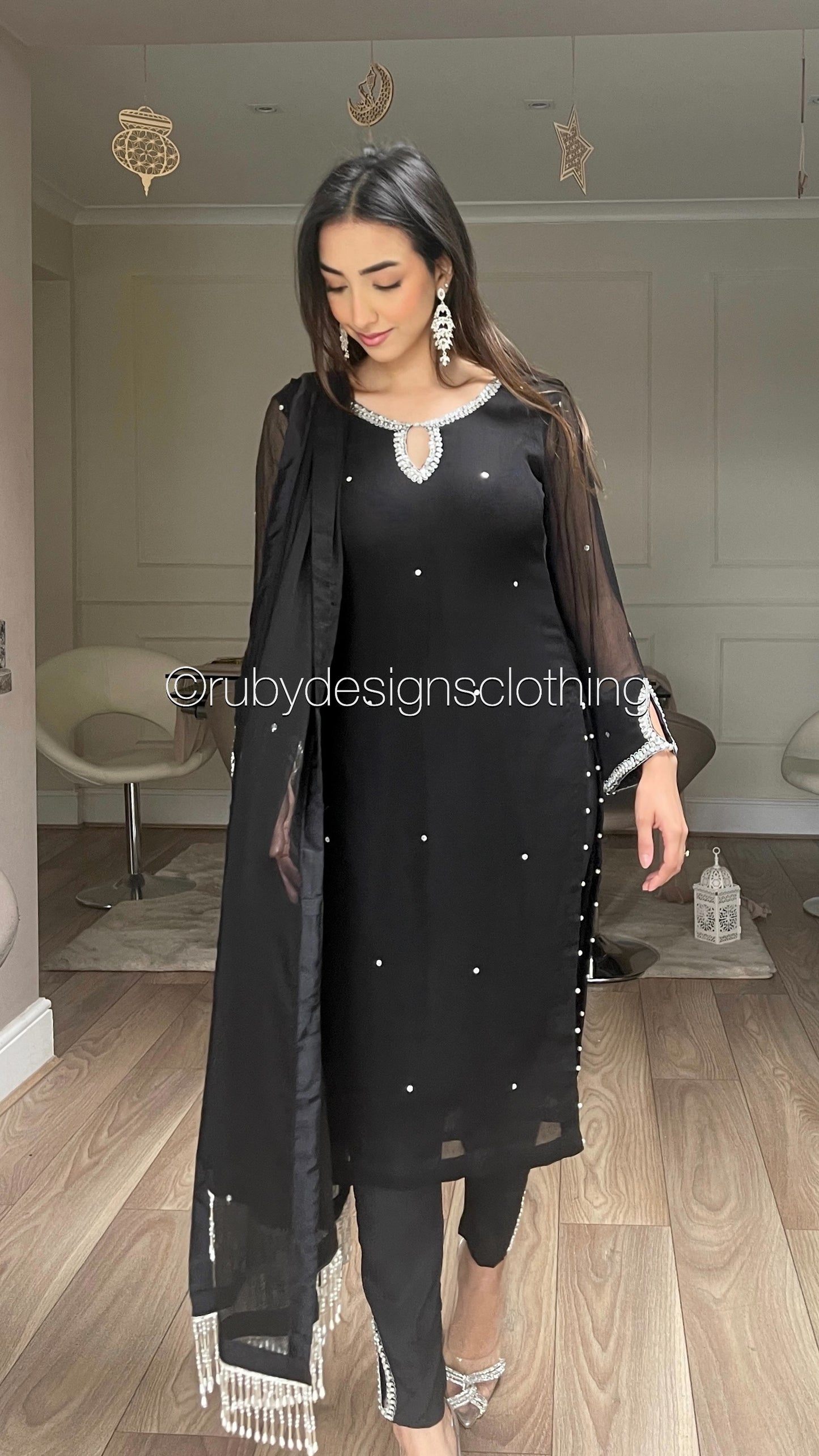 HAYA Black - 3 Piece Chiffon Suit with Hand Embellished Neckline (8026562298069)