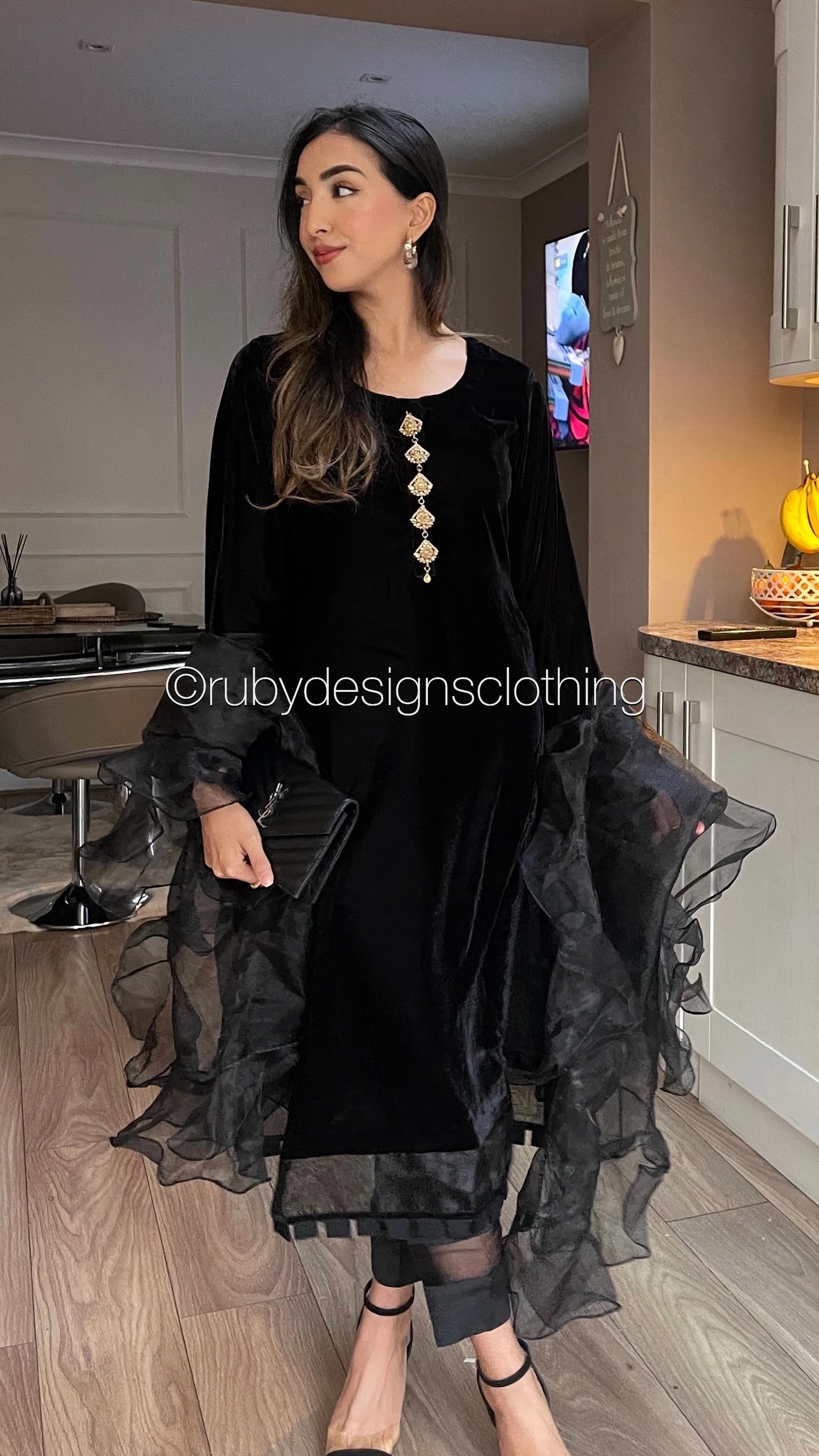 SAADIA - 3 Piece Black Velvet Suit with Organza Dupatta