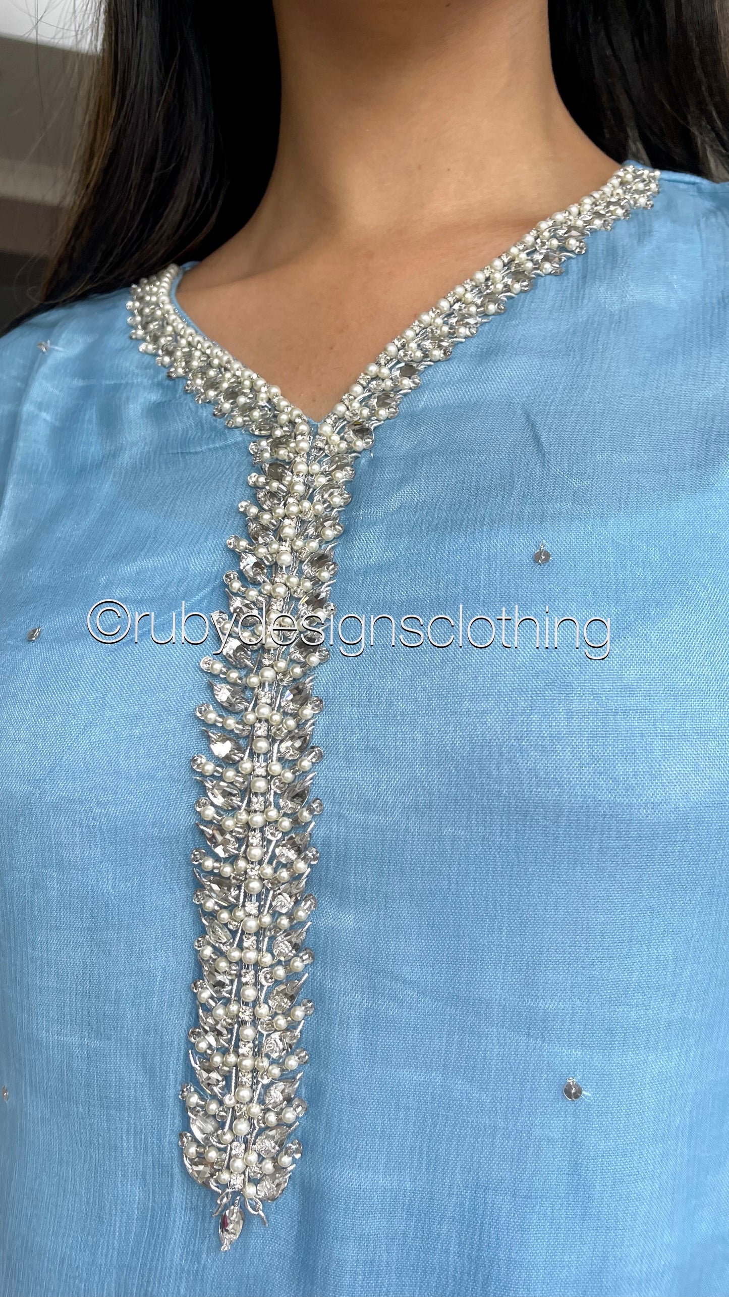 AMUL - Sky Blue 3 Piece Chiffon Suit with Hand Embellished Neckline (7744240189653)