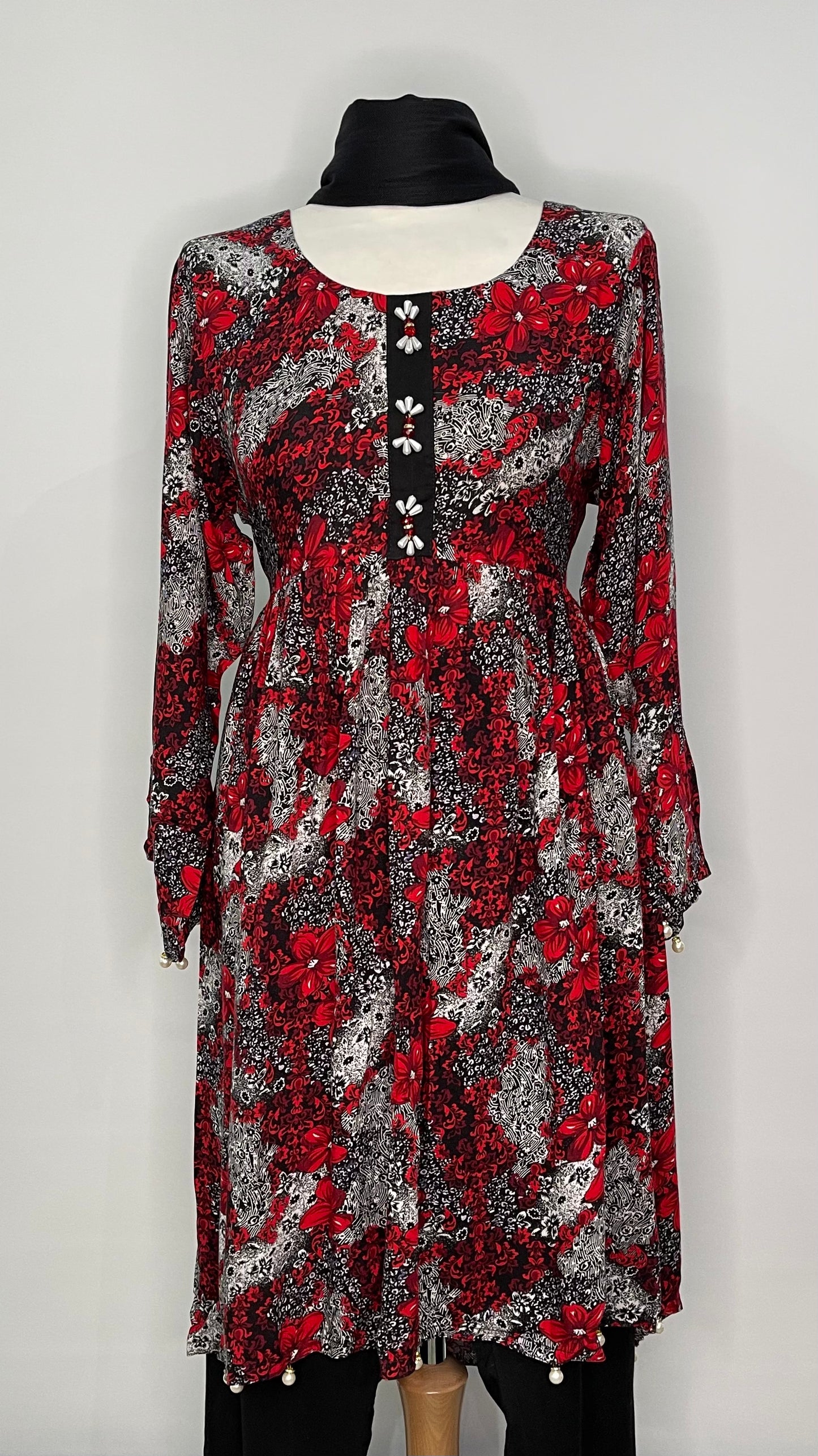 3 Piece Linen Red and White Floral Print Dress (6577922048184)