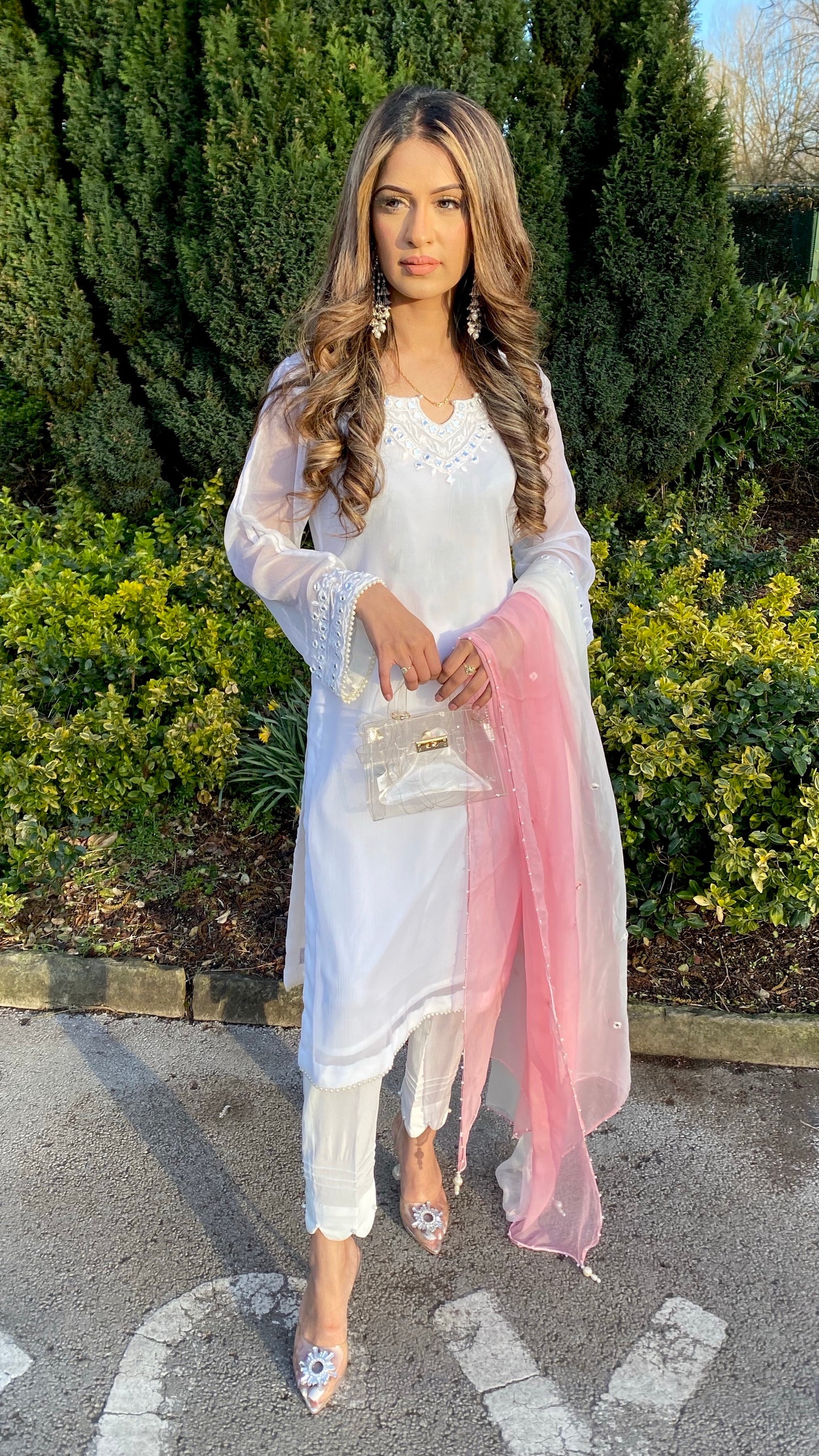 IRAM Pink - White 3 Piece Chiffon Suit with Mirror Details (7669104410837)