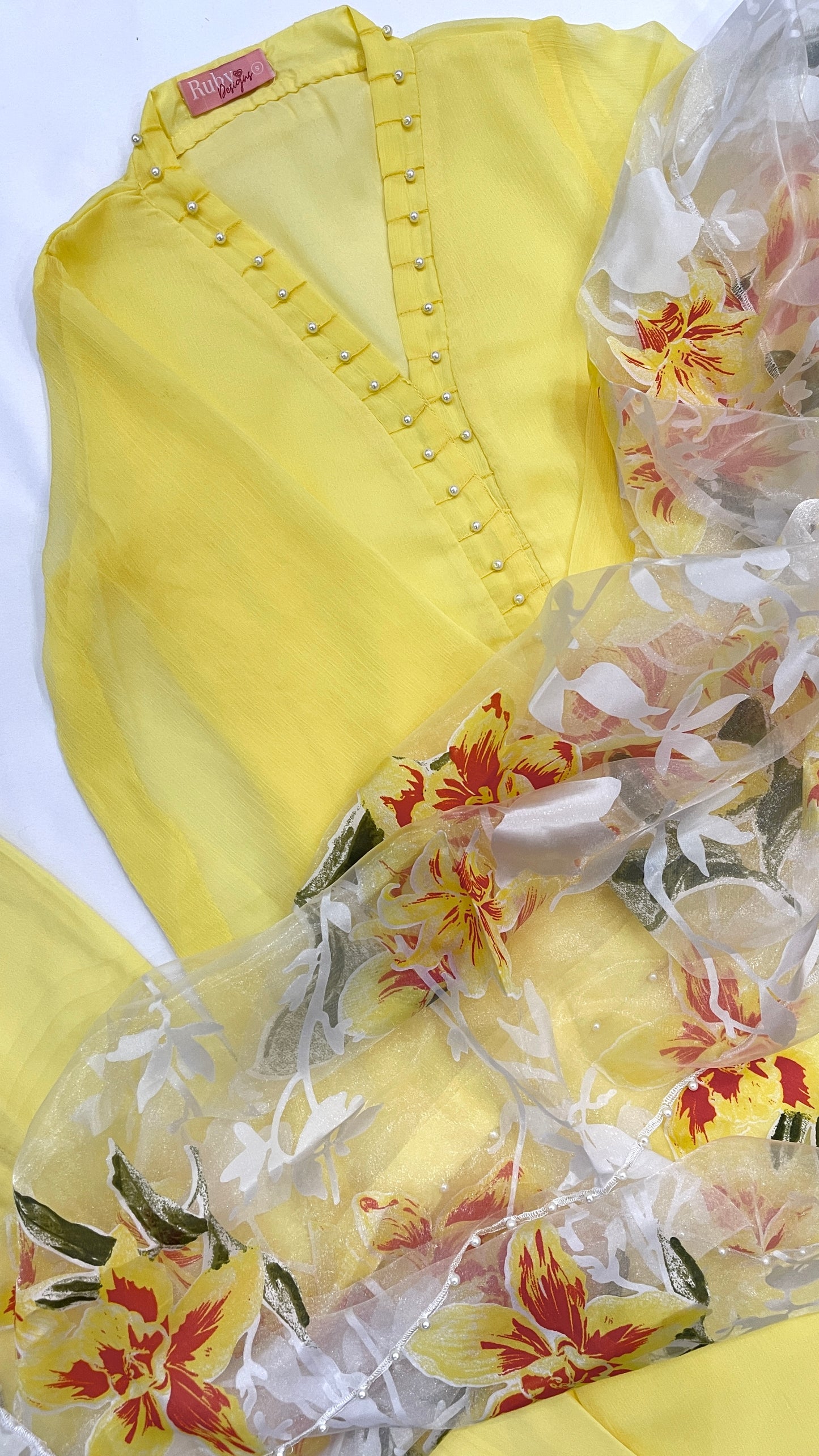 ARIA Lemon - 3 Piece Chiffon Suit with Floral Print Organza Dupatta (7801241305301)