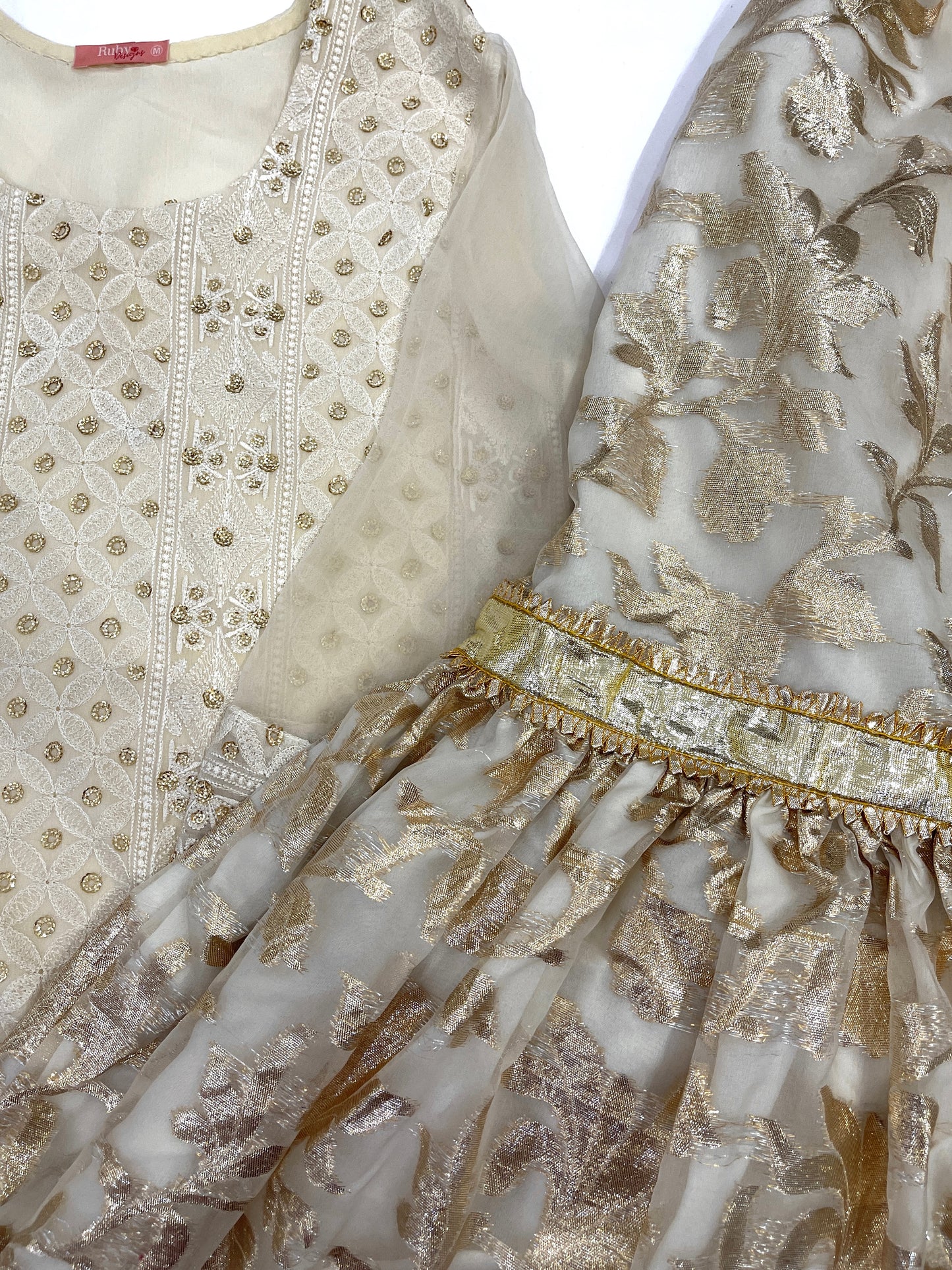 YASMIN - 3 Piece Luxury Off-White and Gold Chikankari Chiffon Suit with Gharara (7504708600021)