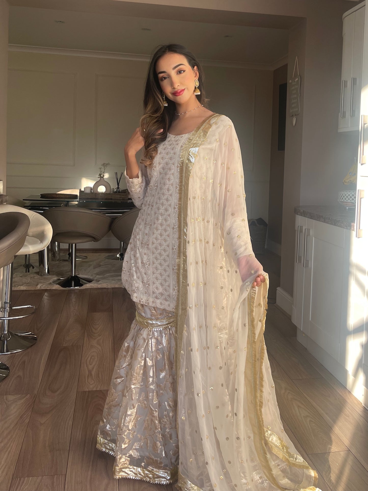 YASMIN - 3 Piece Luxury Off-White and Gold Chikankari Chiffon Suit with Gharara (7504708600021)