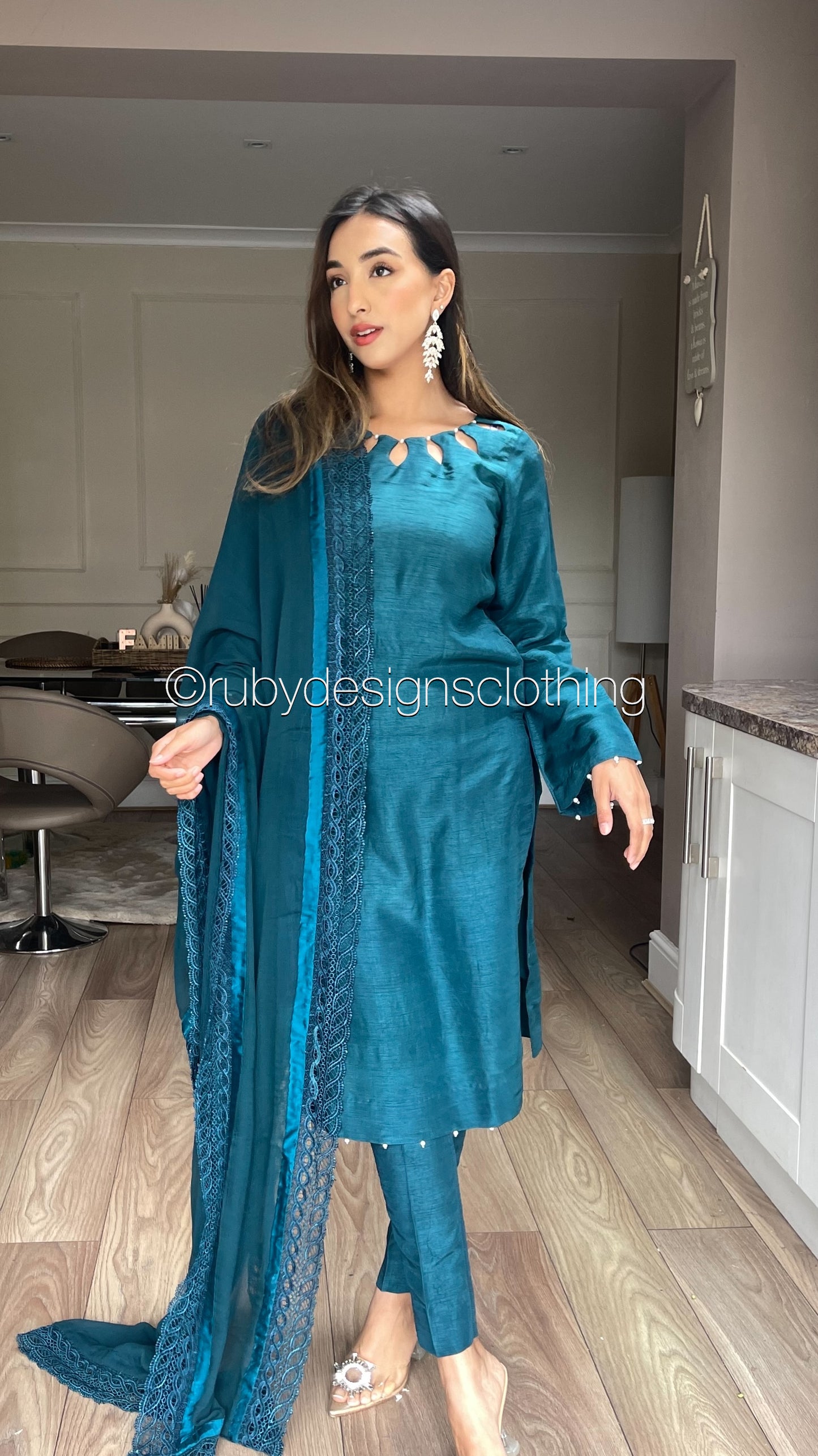 ZAINAB - 3 Piece Teal Korean Raw Silk Suit with Chiffon Dupatta (7862114549973)