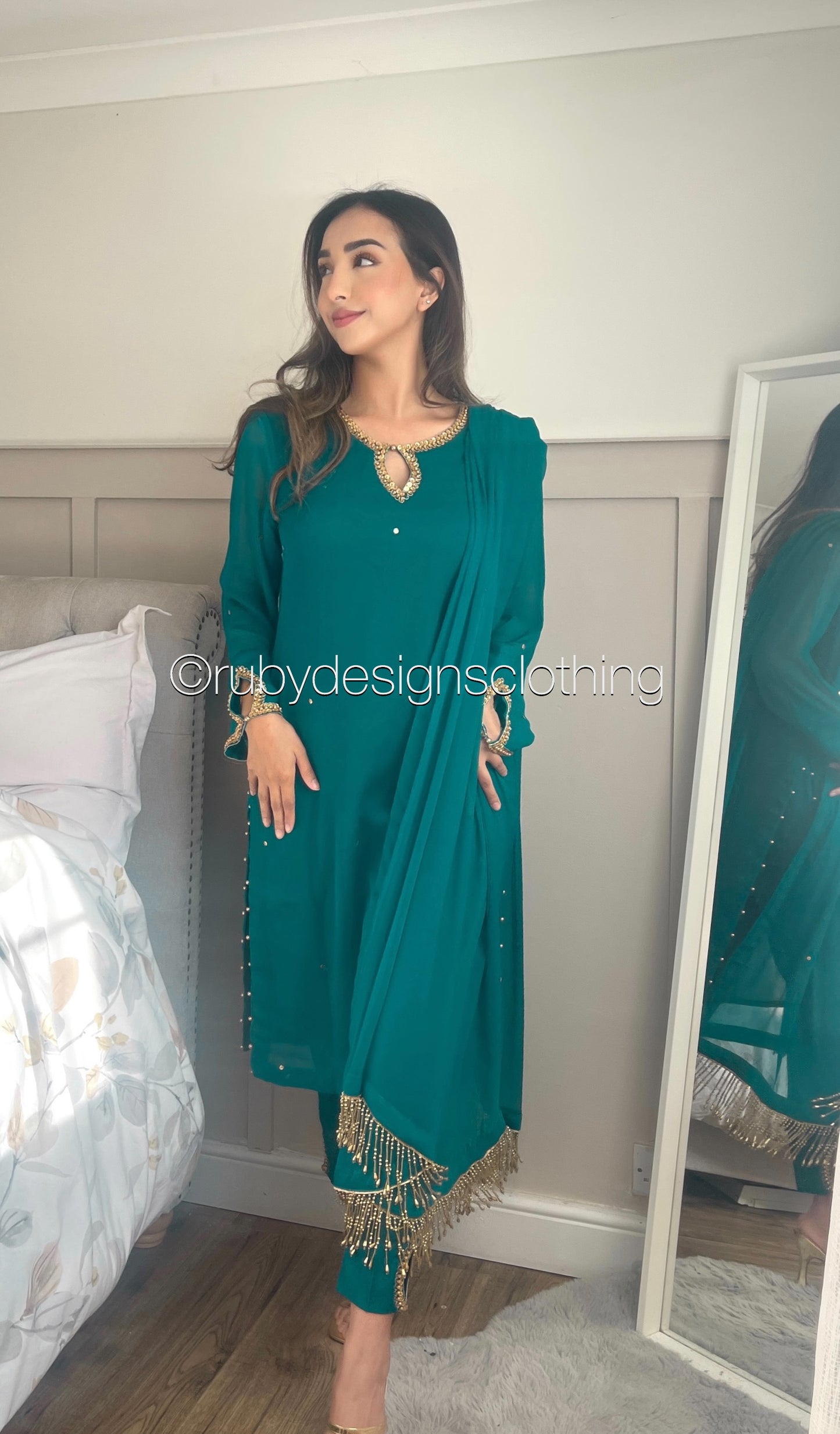 LIMITED EDITION HAYA Deep Sea Green - 3 Piece Chiffon Suit with Hand Embellished Neckline (7914318266581) (8748083511509)