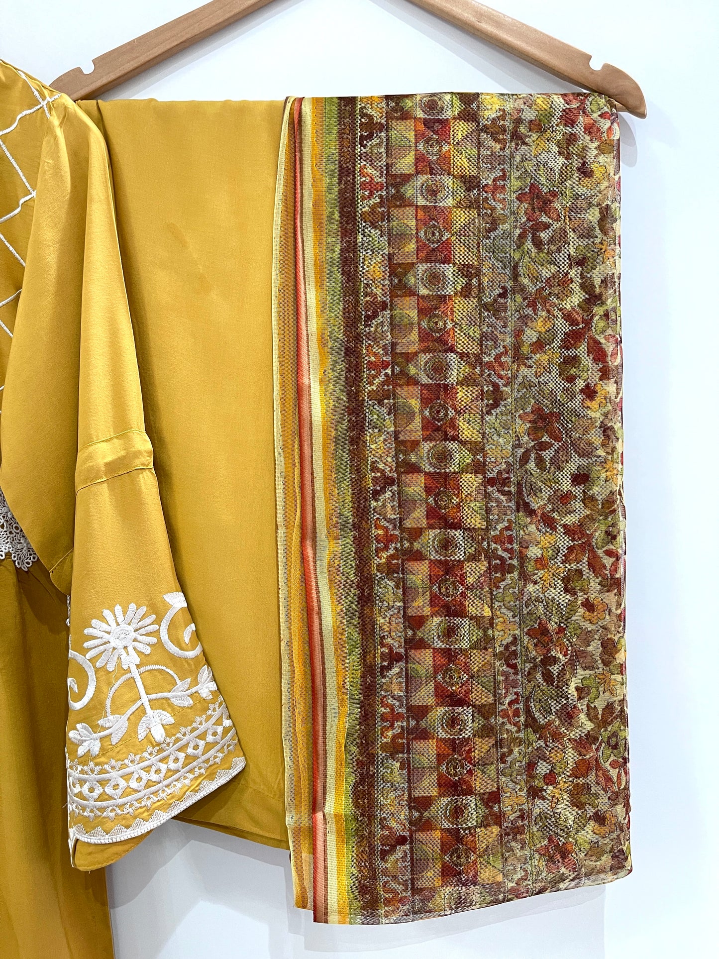 SHARIYA Mustard - 3 Piece Dress with White Embroidery and Flared Sleeves (6600533704888)