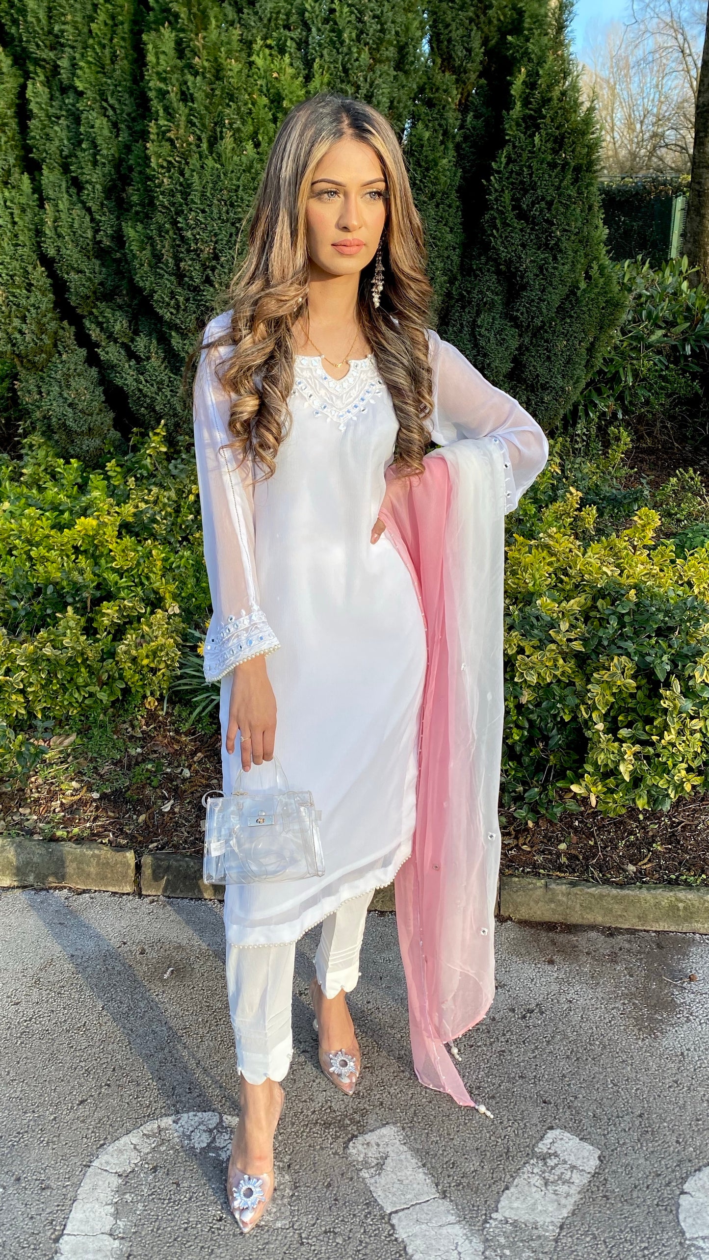 IRAM Pink - White 3 Piece Chiffon Suit with Mirror Details (7669104410837)