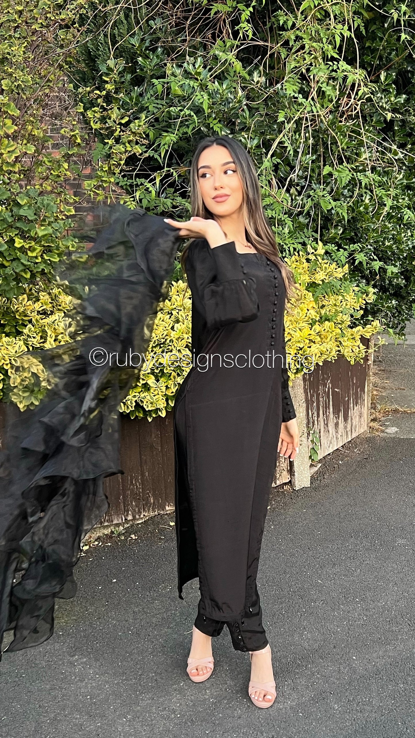 MALIHA Black - 3 Piece Raw Silk Suit with Ruffle Dupatta (7671599169749) (8748148359381)