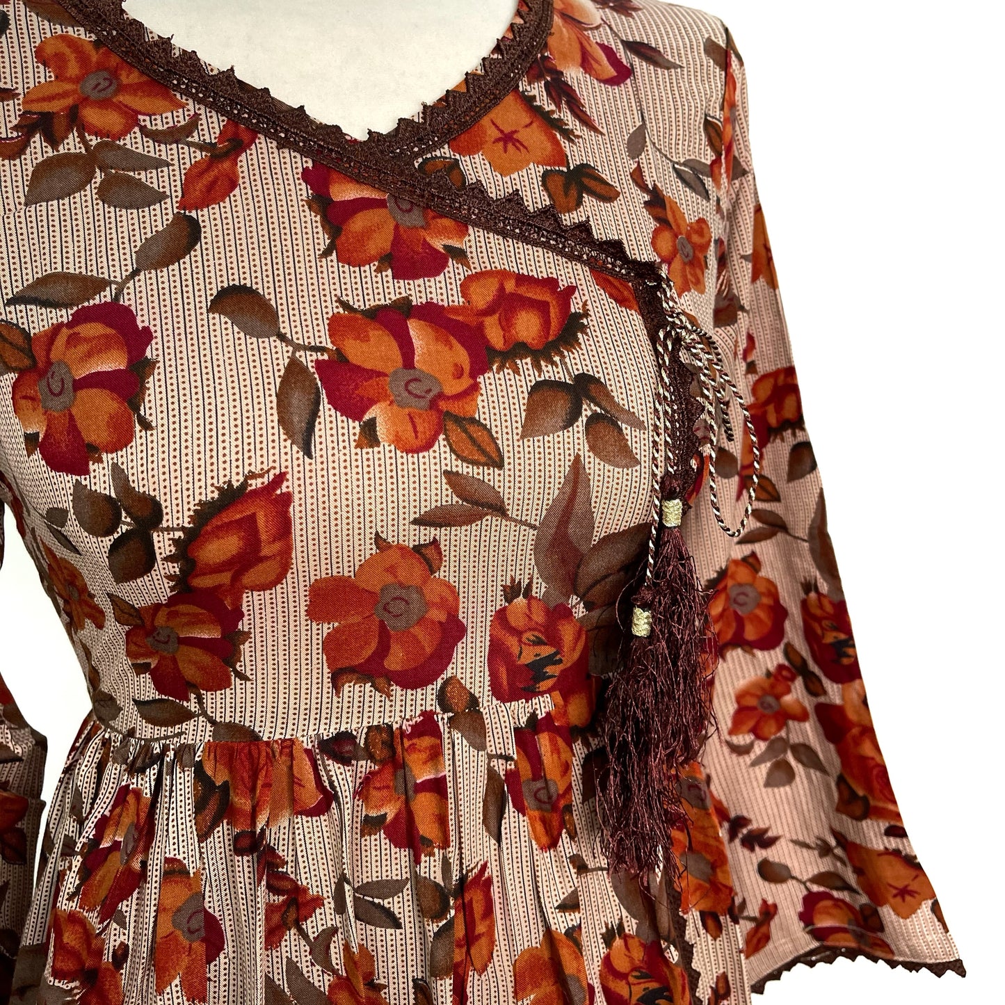 Brown 3 Piece Linen Floral Print Dress (6577917690040)