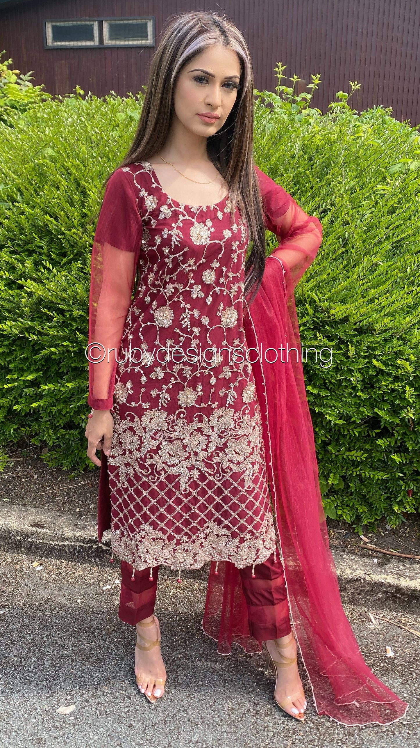 ALARA - 3 Piece Maroon Net Suit with Gold Embroidery (8017161650389) (8747681972437)