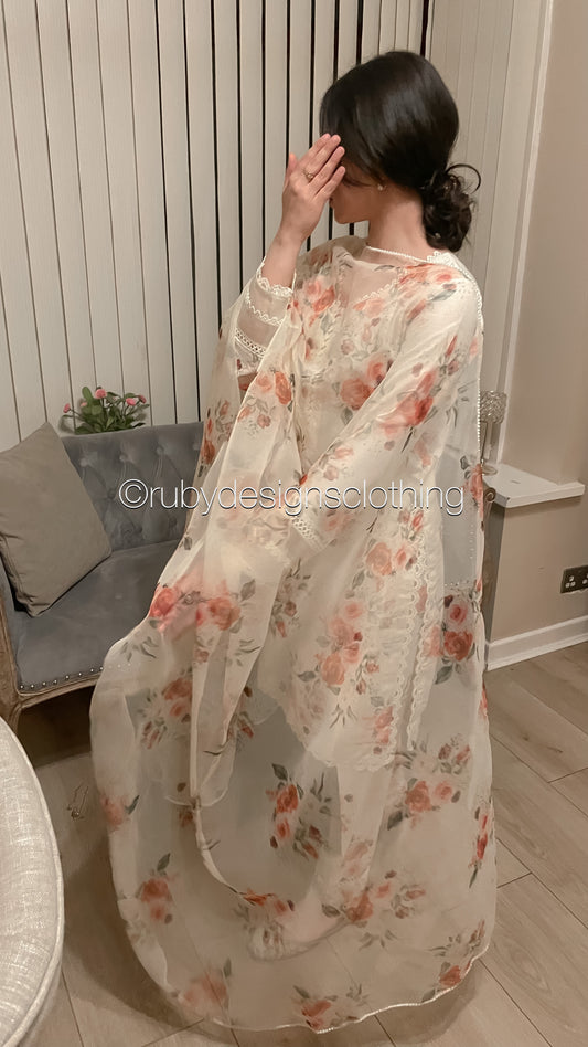 YUSRA - 3 Piece Cream Floral Print Swiss Lawn Suit with Organza Dupatta (8022979281109)