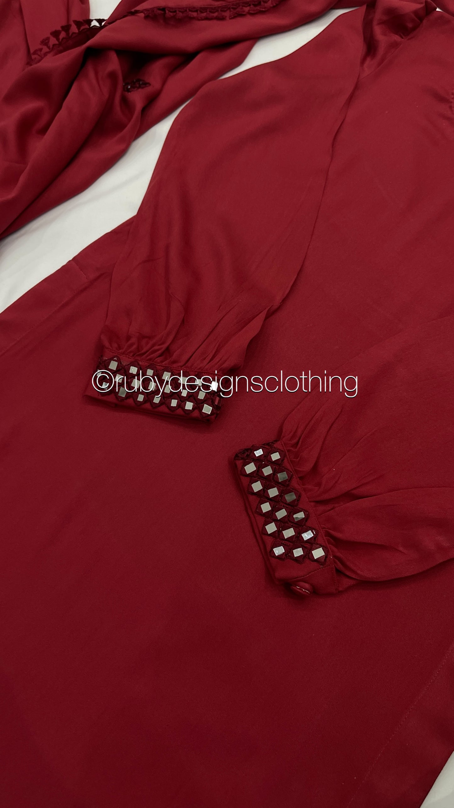 WARDA - 3 Piece Marina Deep Red Suit with Mirror Work and Shawl