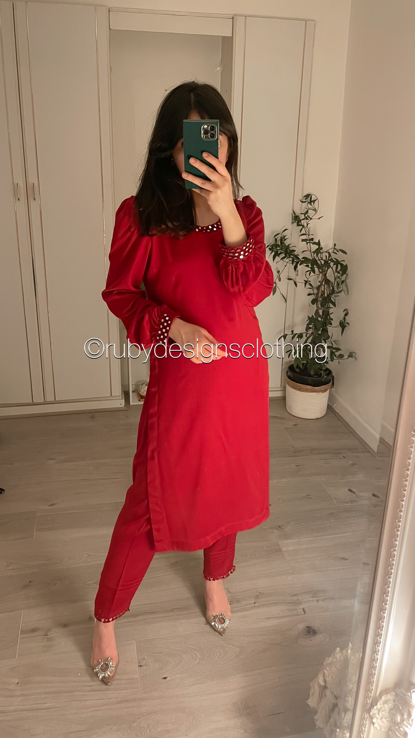 WARDA - 3 Piece Marina Deep Red Suit with Mirror Work and Shawl (7934798037205)