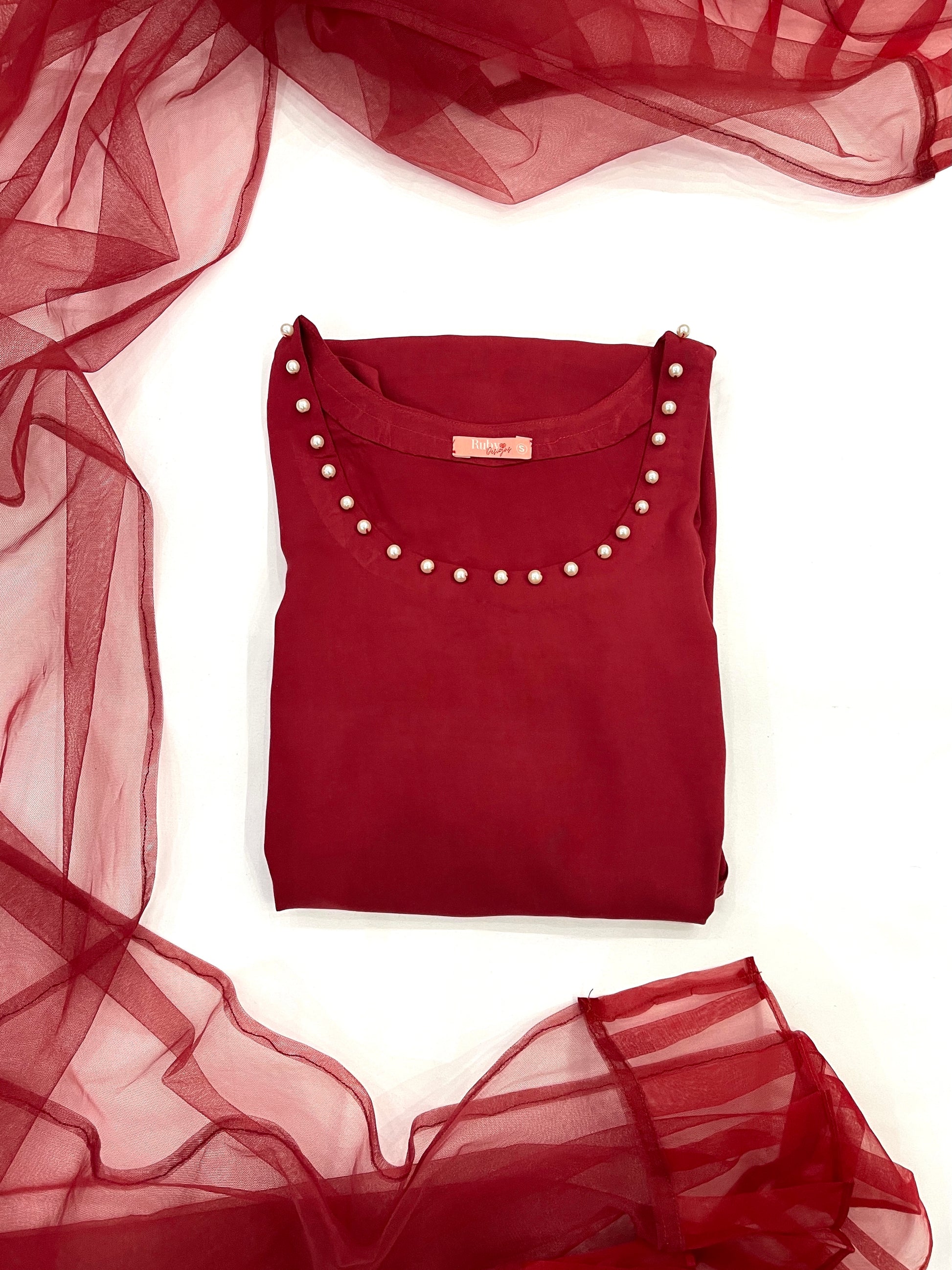 SABRINA - 3 Piece Deep Red Linen Suit with Pearl Details and 3D Flowers (7480619335893)