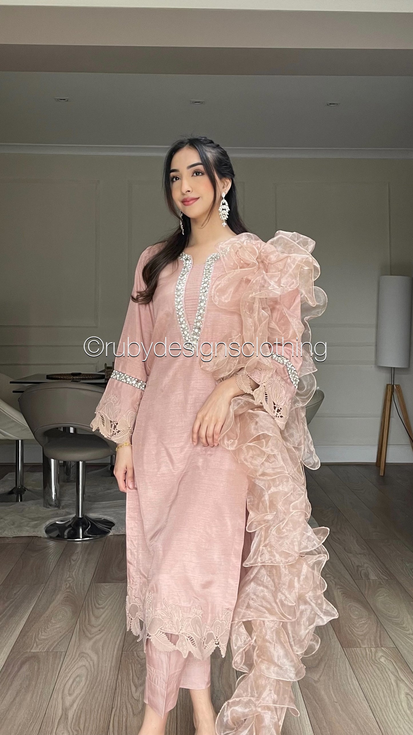 DALILA - 3 Piece Pink Korean Raw Silk Suit with Ruffle Dupatta (8020413710549)