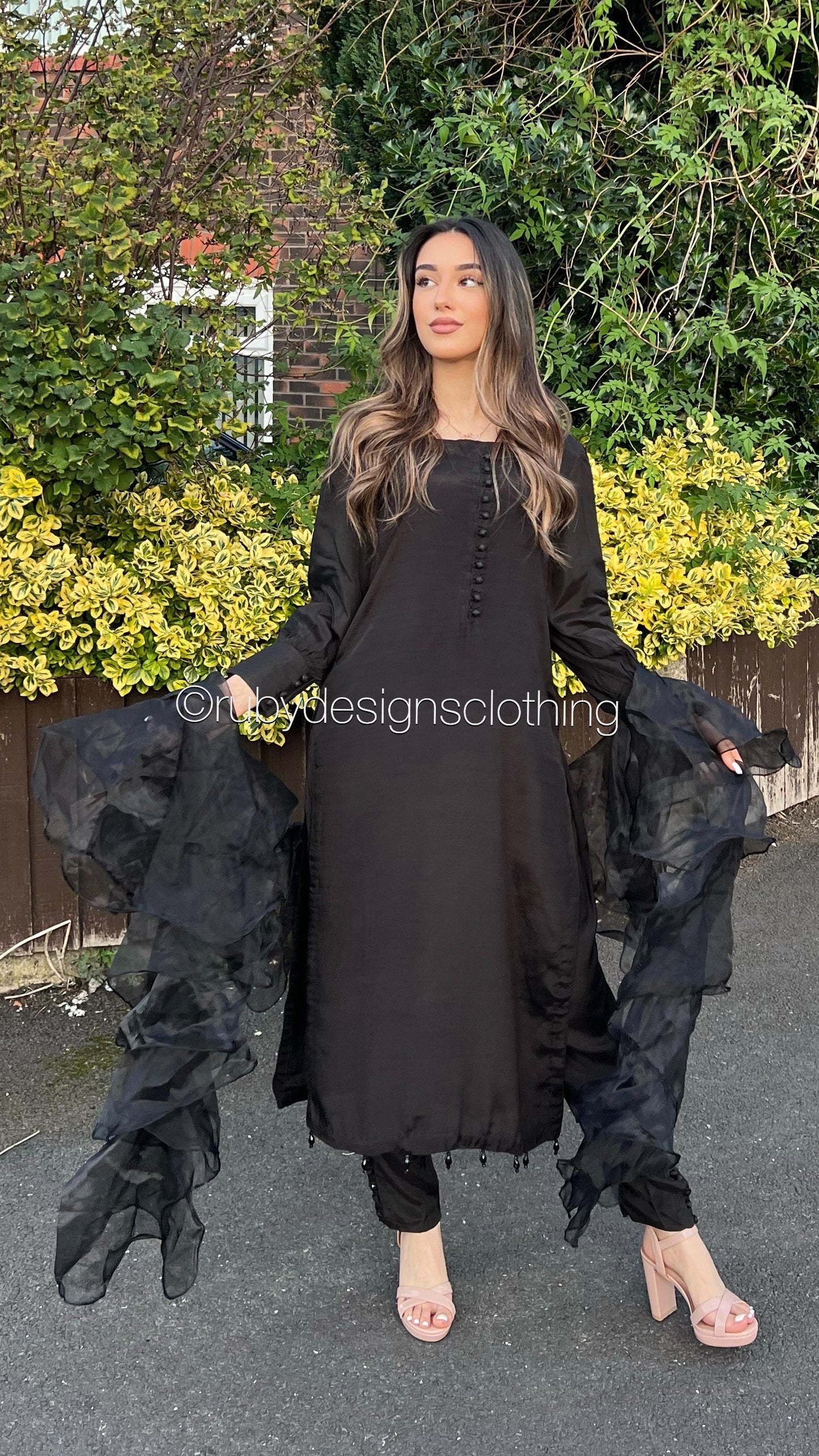 MALIHA Black - 3 Piece Raw Silk Suit with Ruffle Dupatta (7671599169749) (8748148359381)