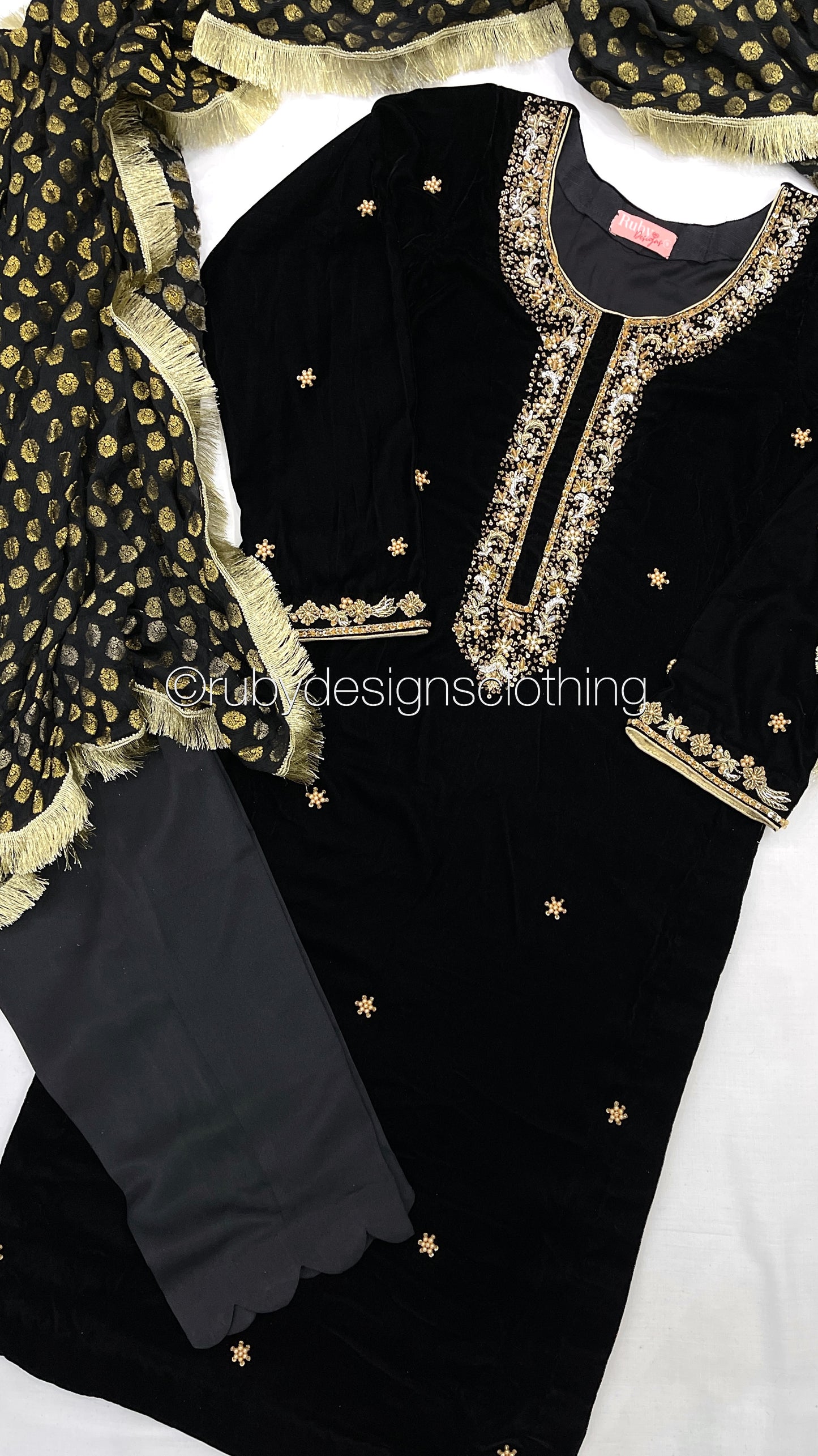 SAMINA - 3 Piece Black Velvet Suit with Jamawar Chiffon Dupatta (7960235311317)