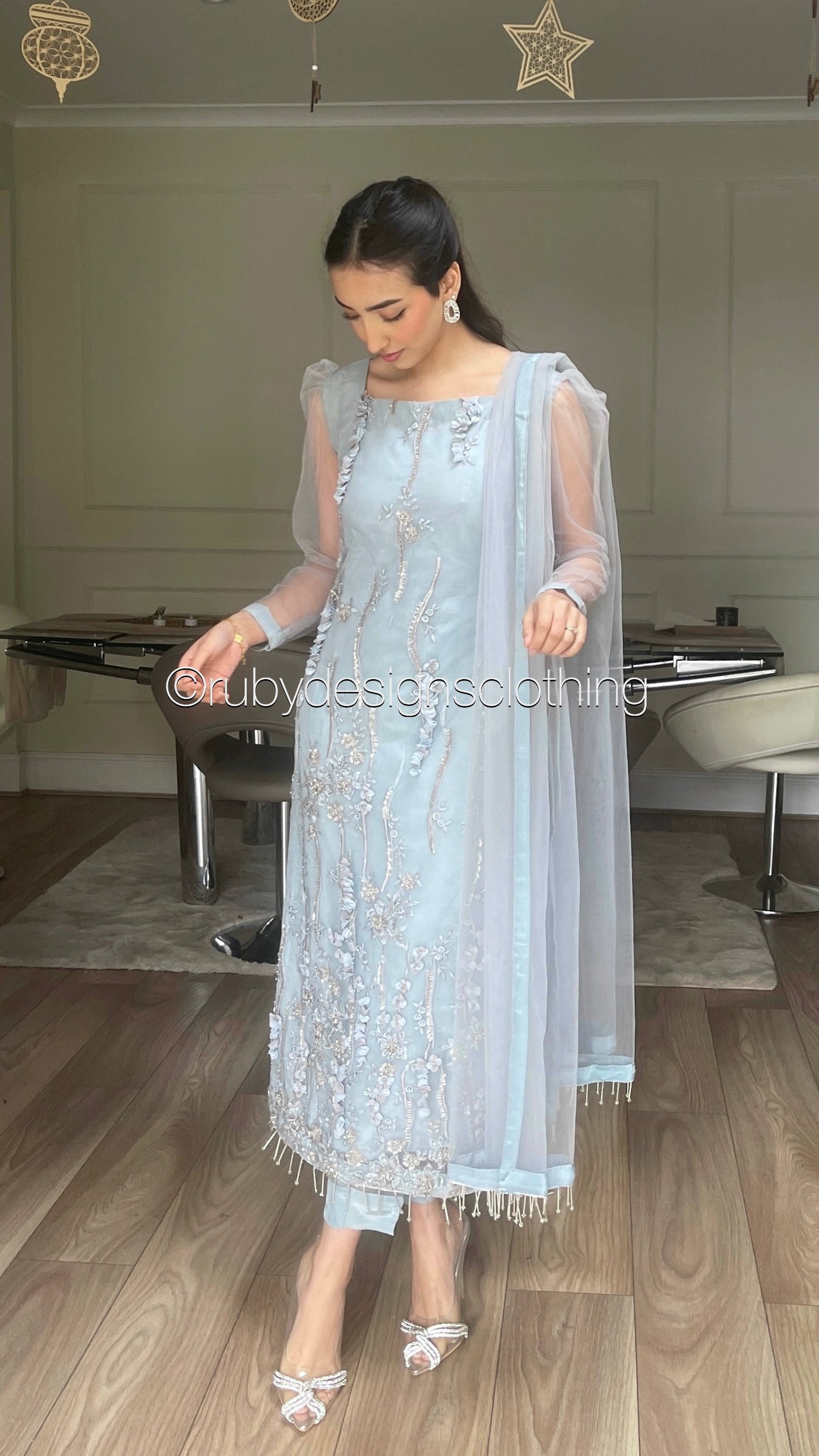 FATIMA Blue - 3 Piece Heavy Embroidered Net Suit with 3D Detail (8028965961941)