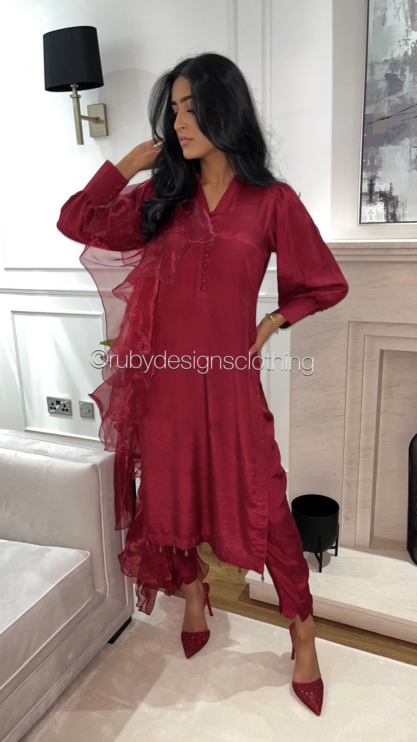 LAYLA Red - 3 Piece Raw Silk Suit with Ruffle Dupatta (7451155562709) (8747897651413)