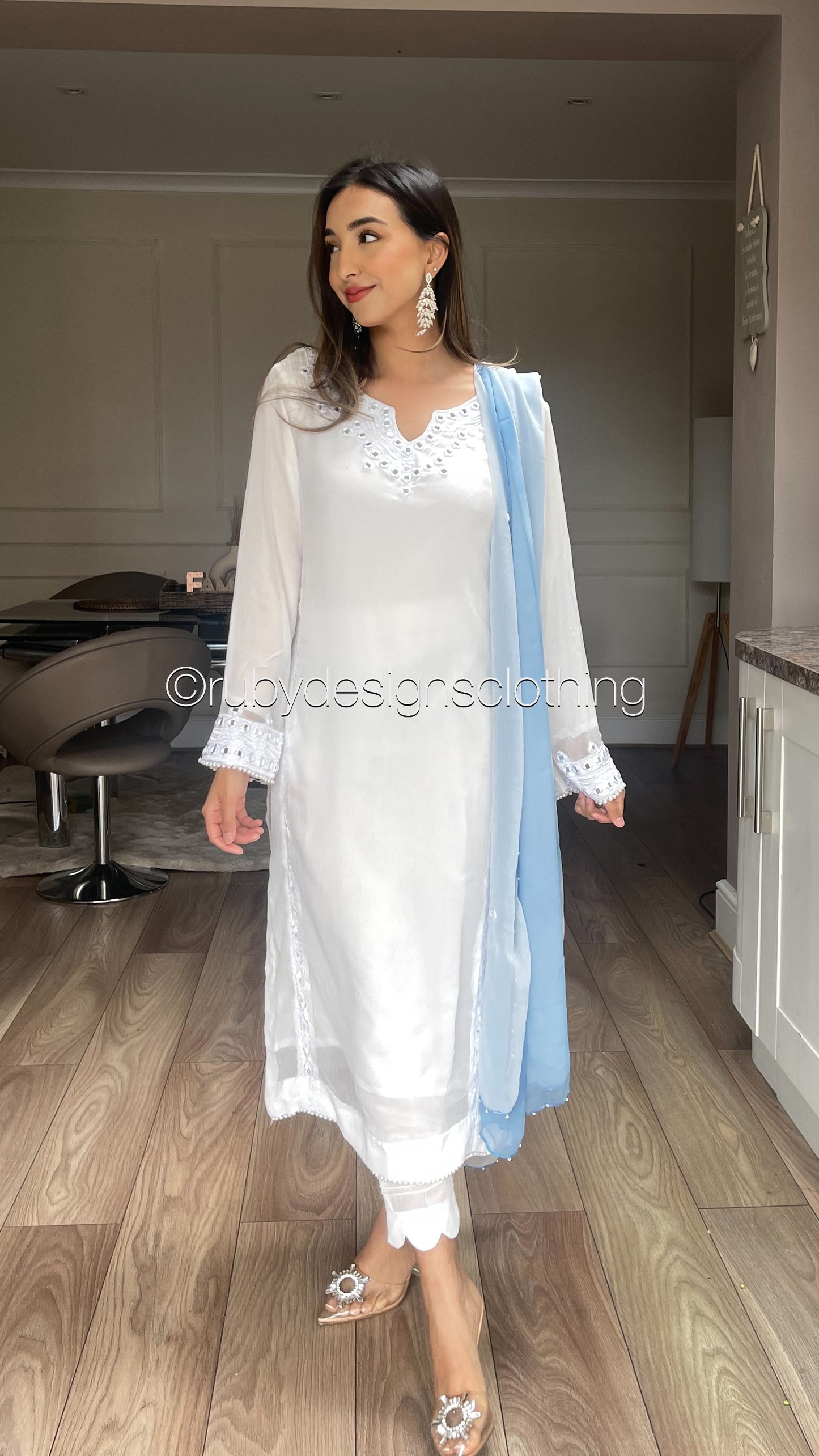 LIYANA - 3 Piece White Chiffon Suit with Two Tone Dupatta (8020992000213)