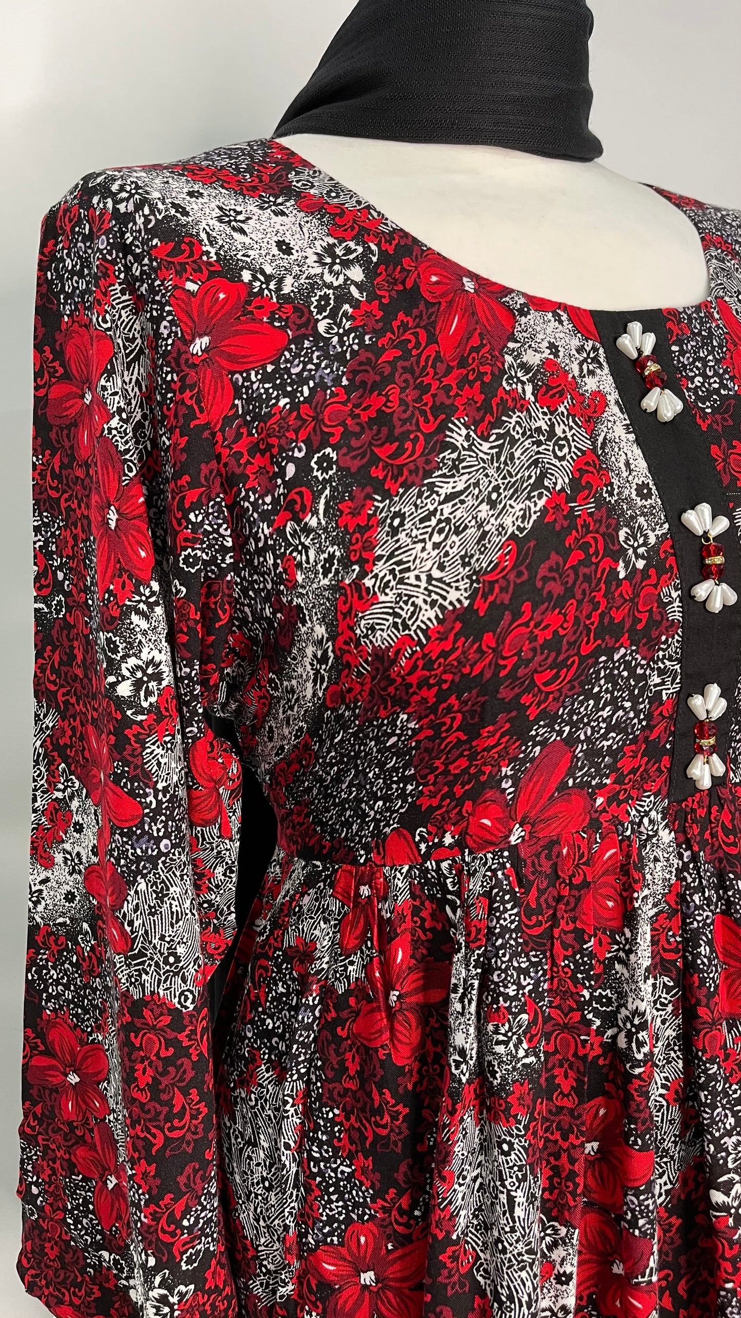 3 Piece Linen Red and White Floral Print Dress (6577922048184)
