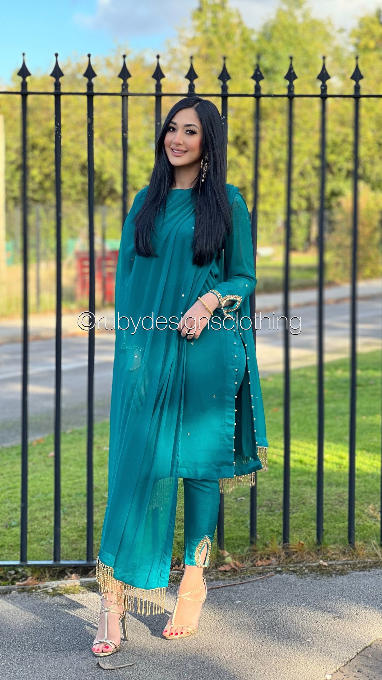 LIMITED EDITION HAYA Deep Sea Green - 3 Piece Chiffon Suit with Hand Embellished Neckline (7914318266581) (8748083511509)