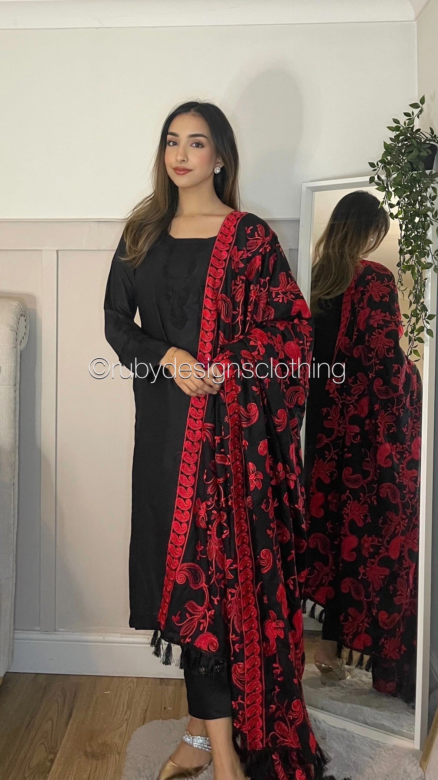 ZEENAT - 3 Piece Black Linen Suit with Heavily Embroidered Shawl (7989822390485)