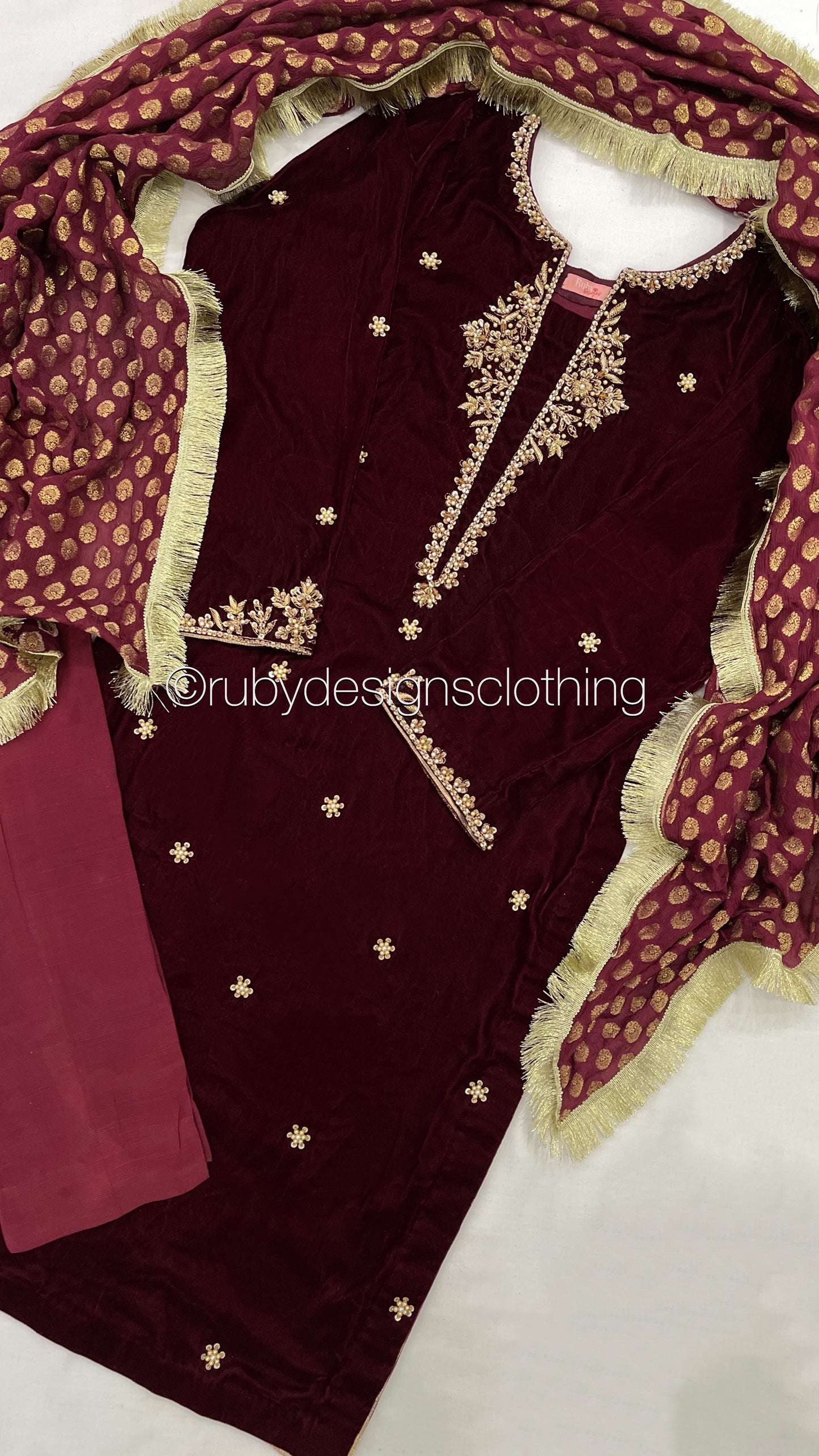 HOORIA - 3 Piece Maroon Velvet Suit with Jamawar Chiffon Dupatta (7960240947413)