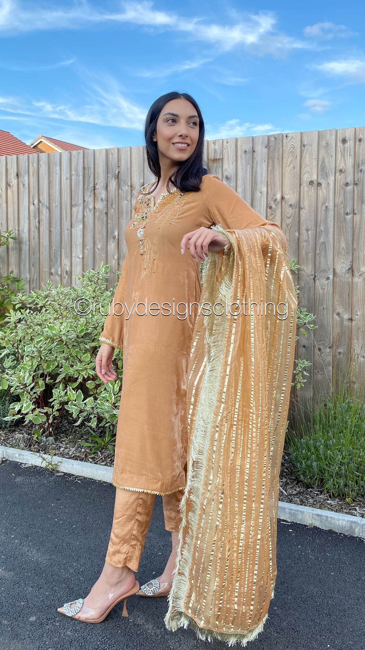 SALAHA - 3 Piece Light Orange Velvet Suit with Organza Dupatta (7959976804565)
