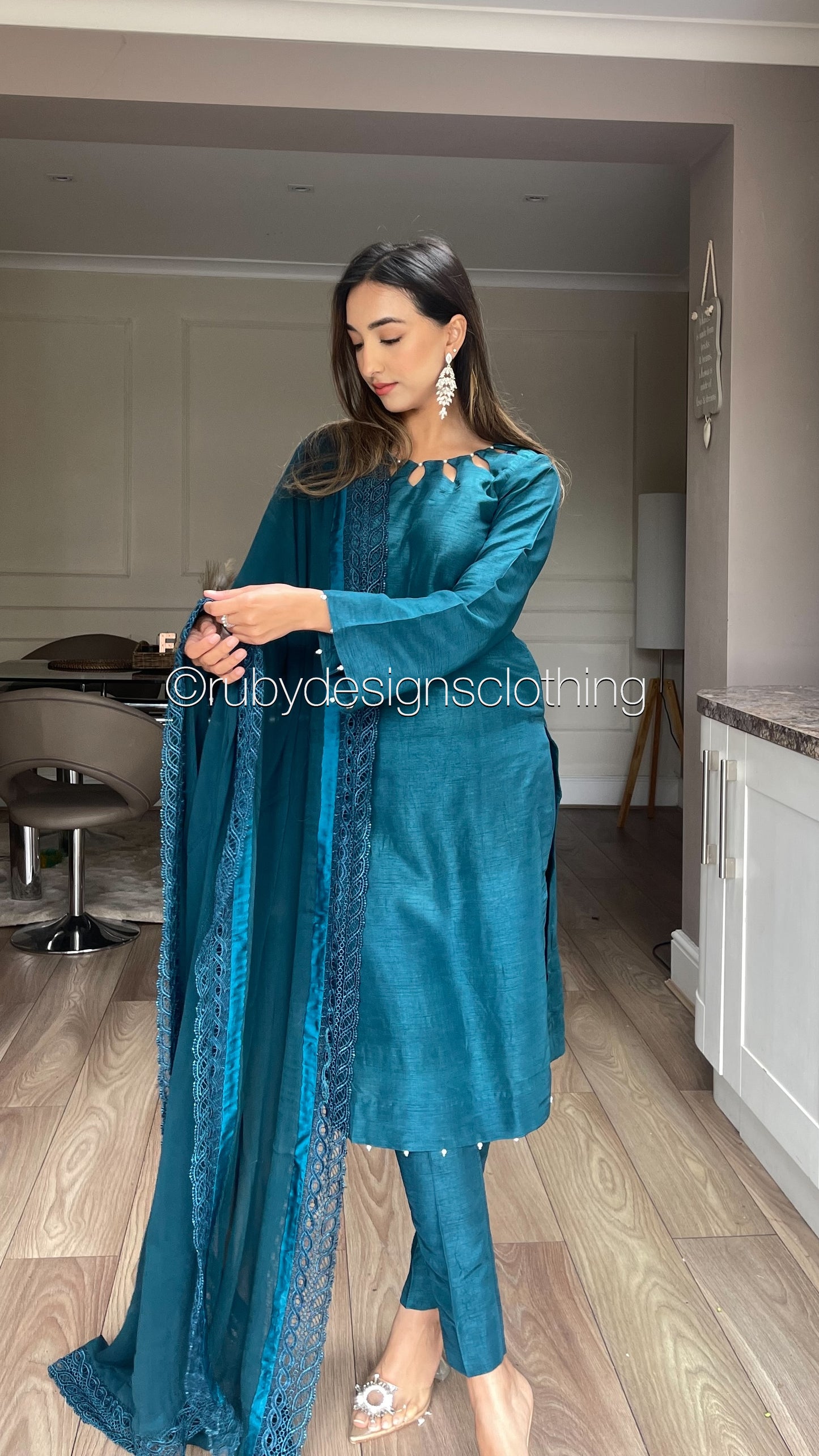 ZAINAB - 3 Piece Teal Korean Raw Silk Suit with Chiffon Dupatta (7862114549973)