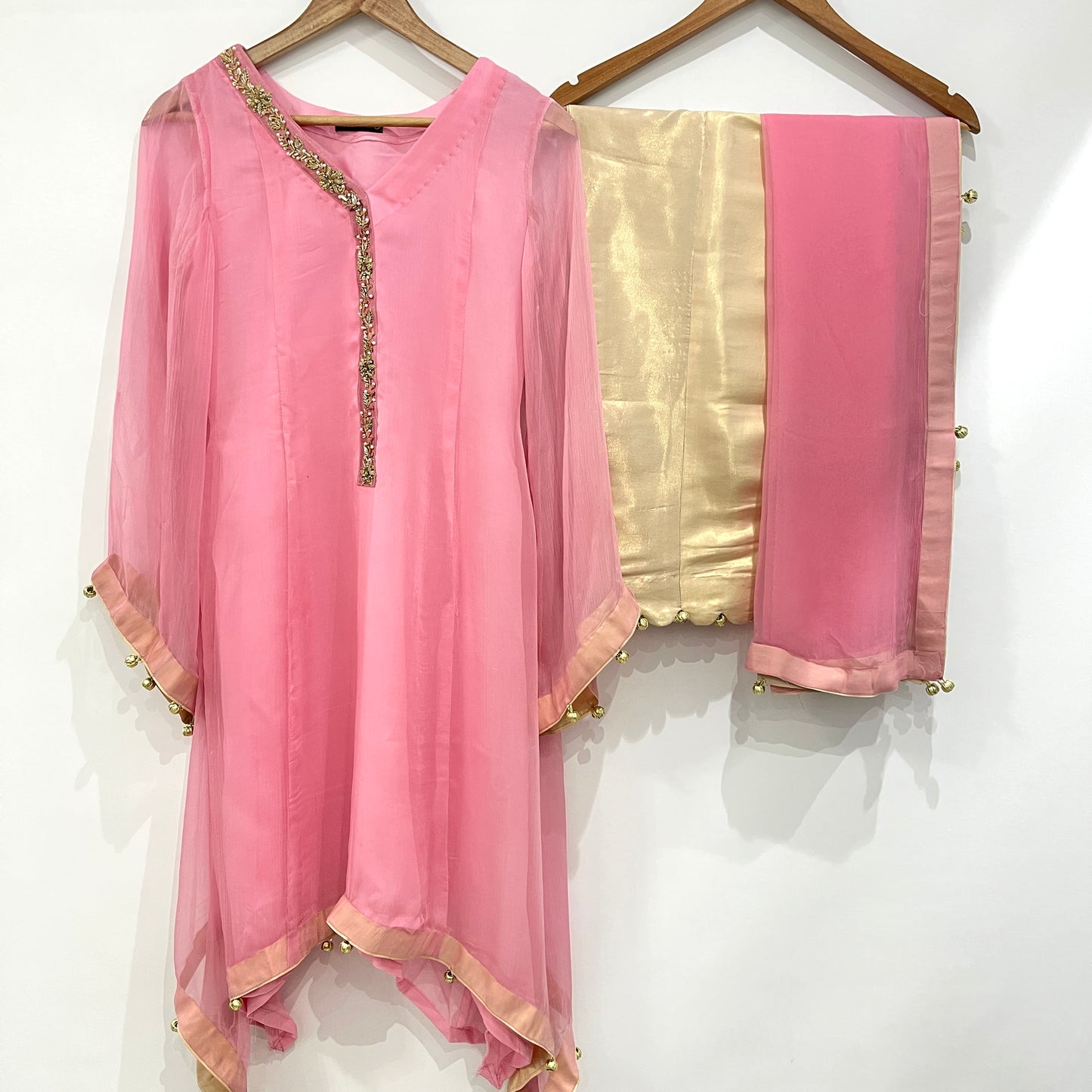 HUMERA - 3 Piece Pink Chiffon Suit with Gold Embroidery (6756841881784)