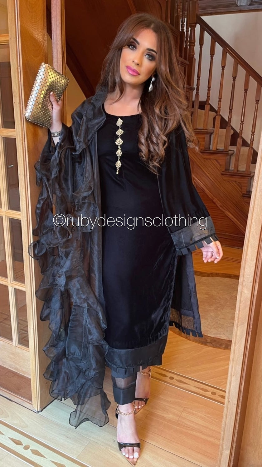 SAADIA - 3 Piece Black Velvet Suit with Organza Dupatta