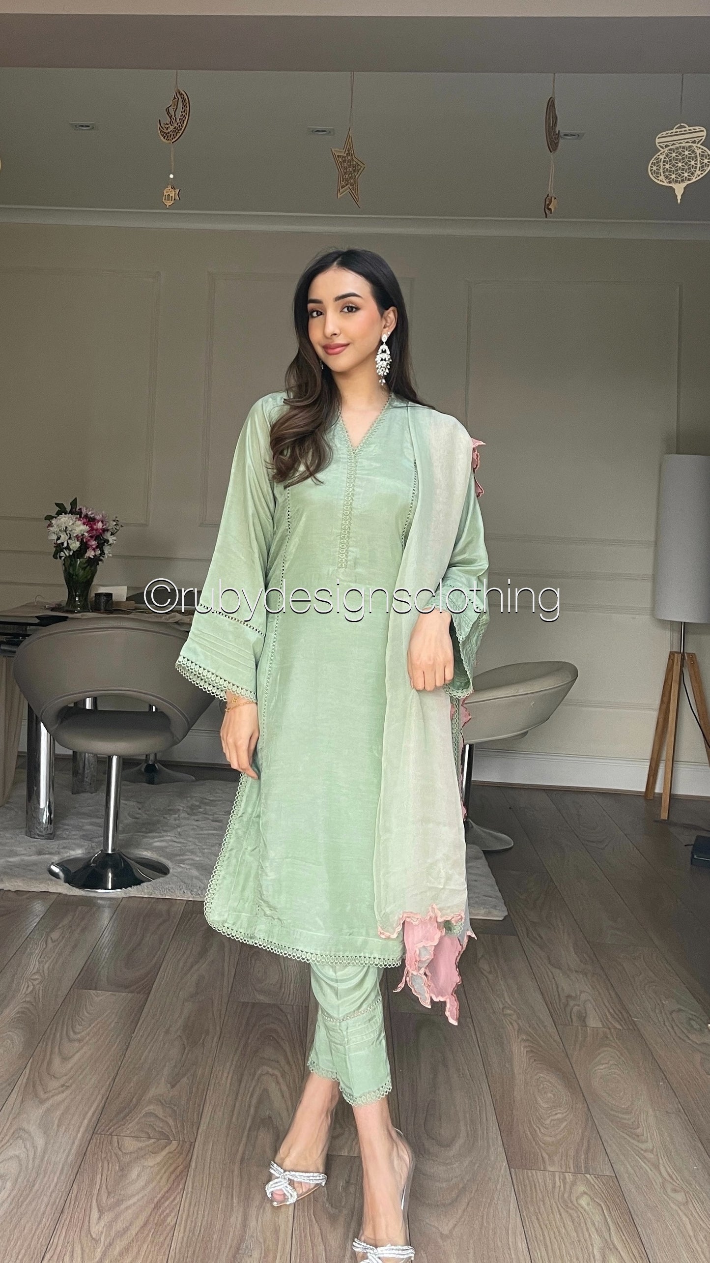 LAYYA - 3 Piece Light Green Cotton Silk Suit with Three Toned Chiffon Dupatta (8028375777493)