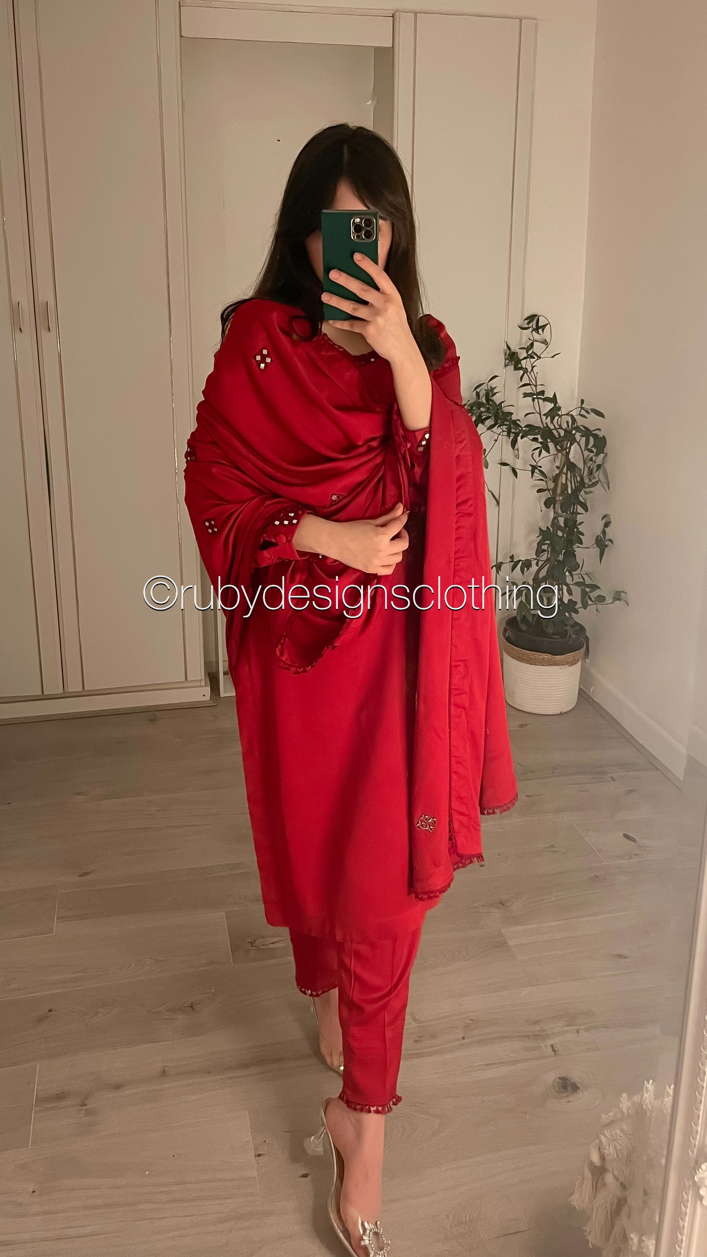 WARDA - 3 Piece Marina Deep Red Suit with Mirror Work and Shawl