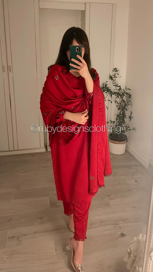 WARDA - 3 Piece Marina Deep Red Suit with Mirror Work and Shawl (7934798037205)