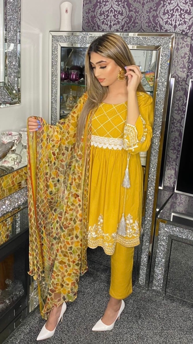 SHARIYA Mustard - 3 Piece Dress with White Embroidery and Flared Sleeves (6600533704888)