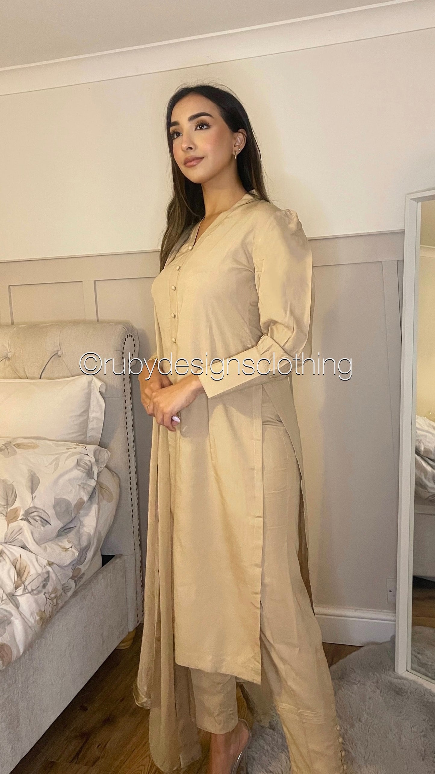 HANA Beige - 3 Piece Linen Suit with CHIFFON Dupatta (7454318592213)