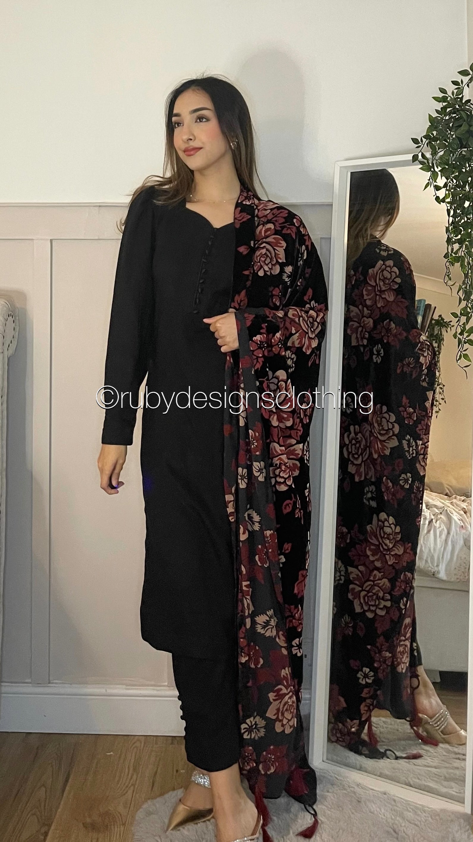 MARYAM Black - 3 Piece Black Suit with Velvet Palachi Shawl (7974928875733)