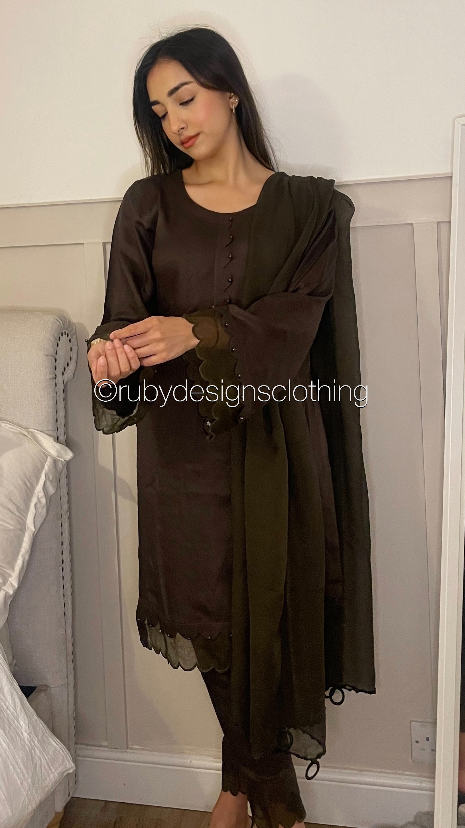 SHANAZ - 3 Piece Dark Brown Marina Suit with Scallop Hem (7934798561493)