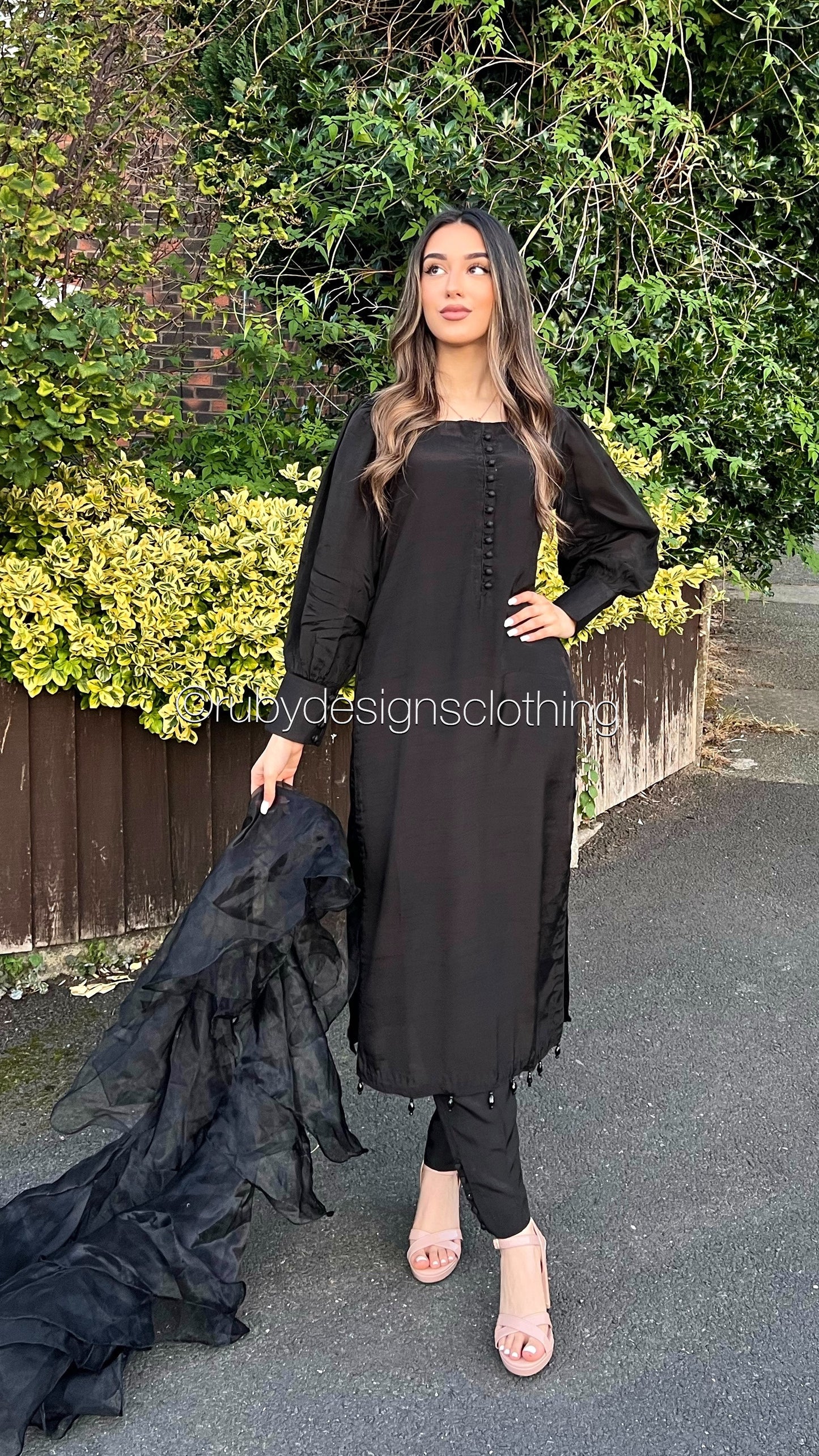 MALIHA Black - 3 Piece Raw Silk Suit with Ruffle Dupatta (7671599169749) (8748148359381)